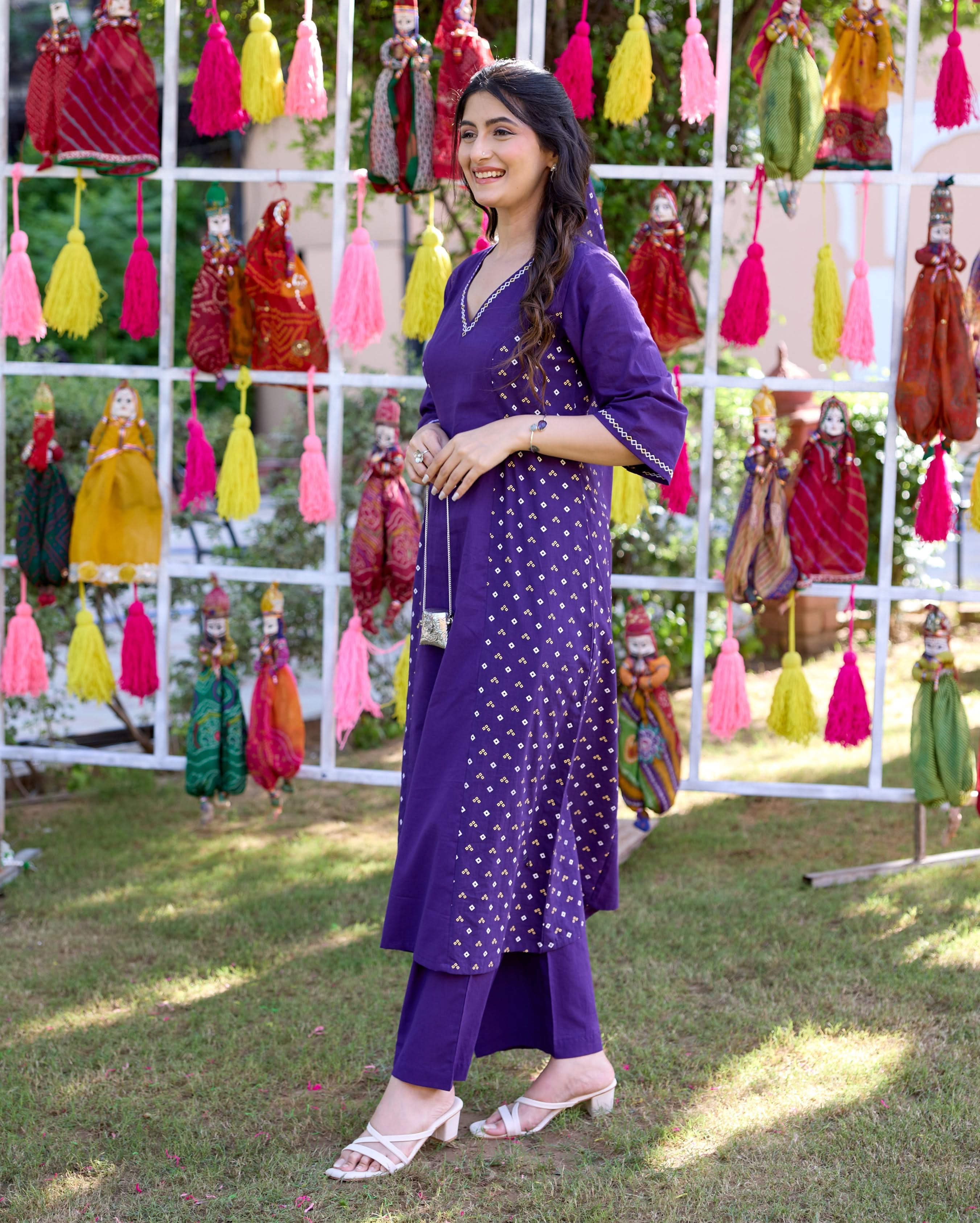 Kavya Purple Bandhani Cotton Kurta Set - Image 3