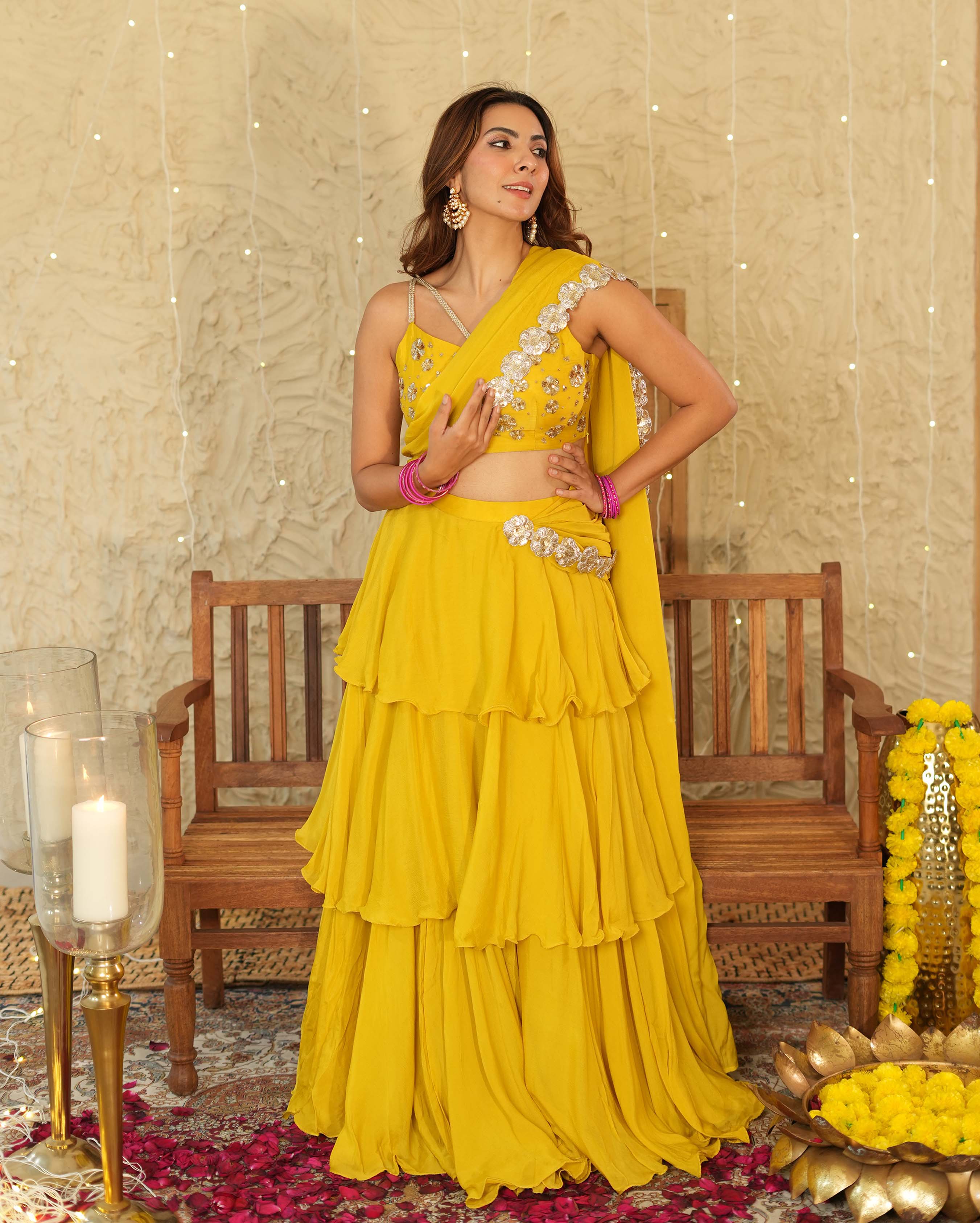 Kesar Mustard Solid Chinon Pre-draped Saree - Image 2