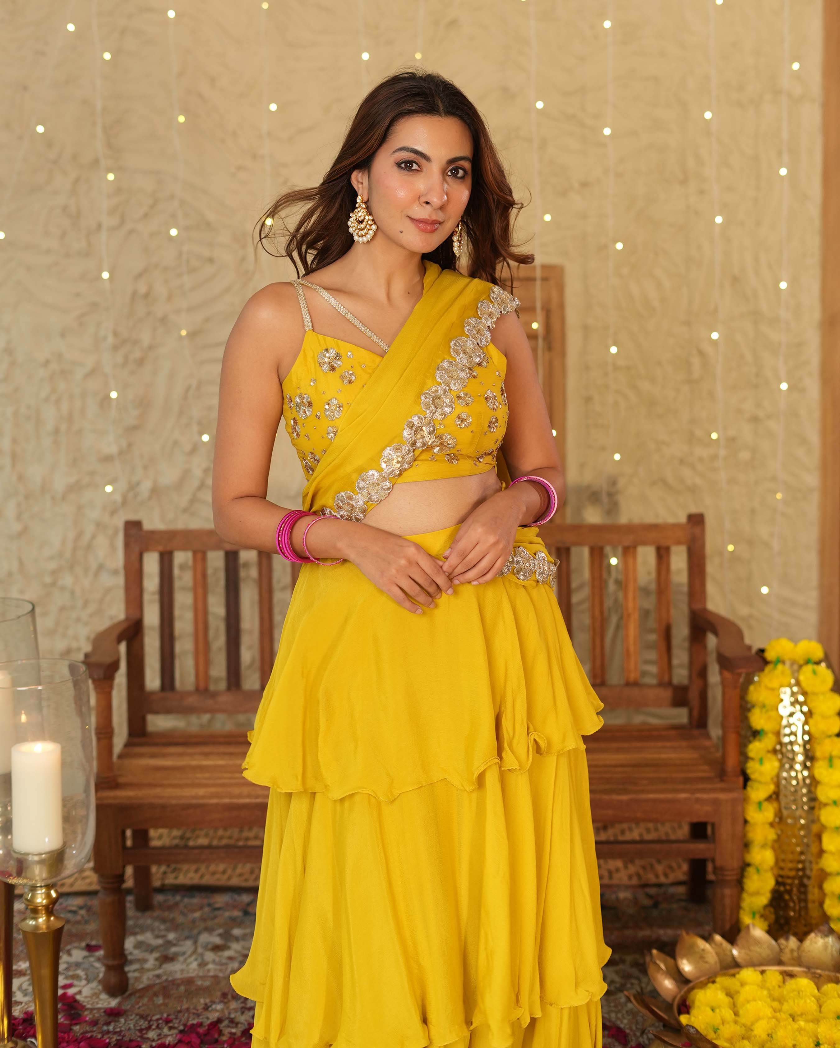 Kesar Mustard Solid Chinon Pre-draped Saree - Image 3