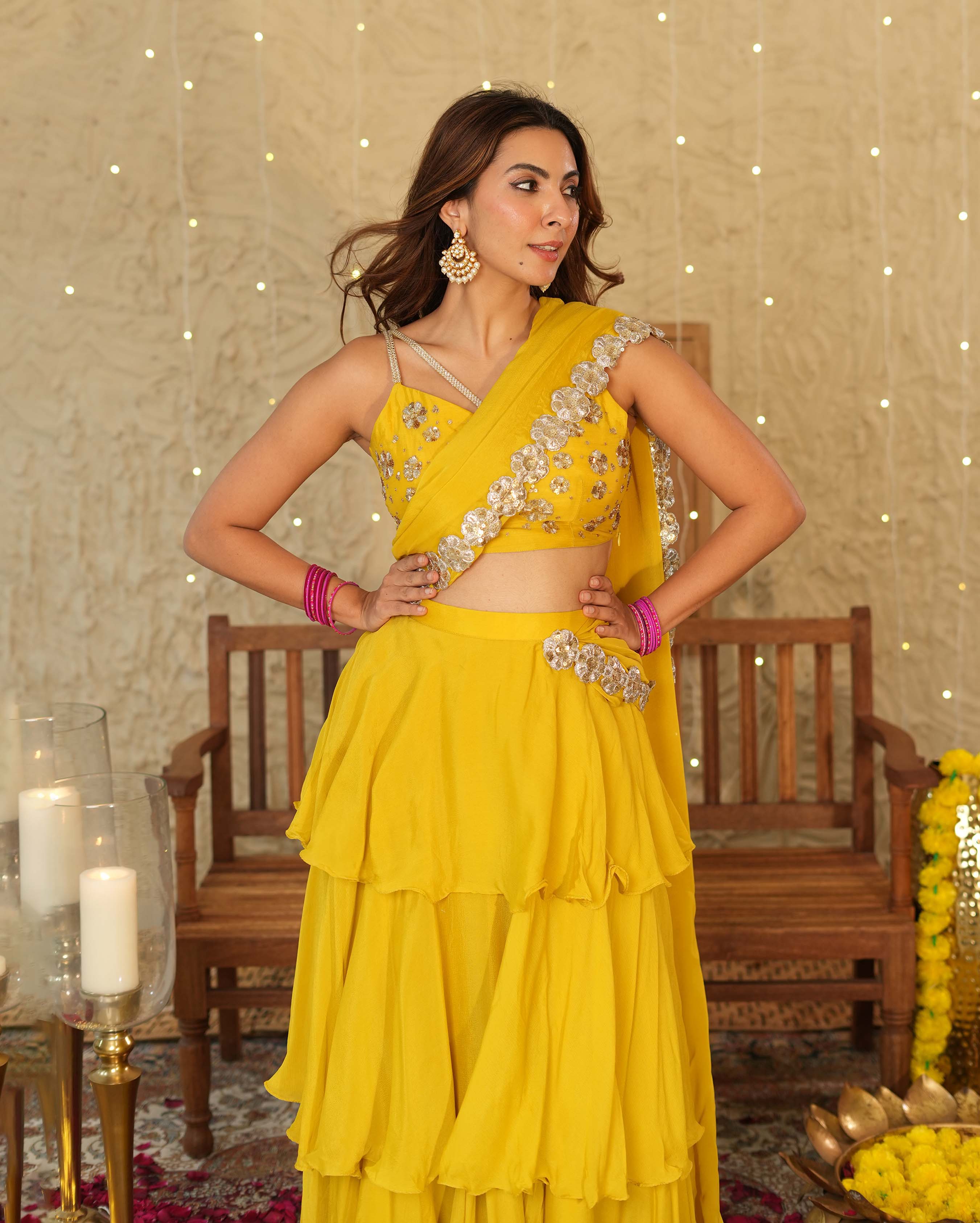 Kesar Mustard Solid Chinon Pre-draped Saree - Image 4