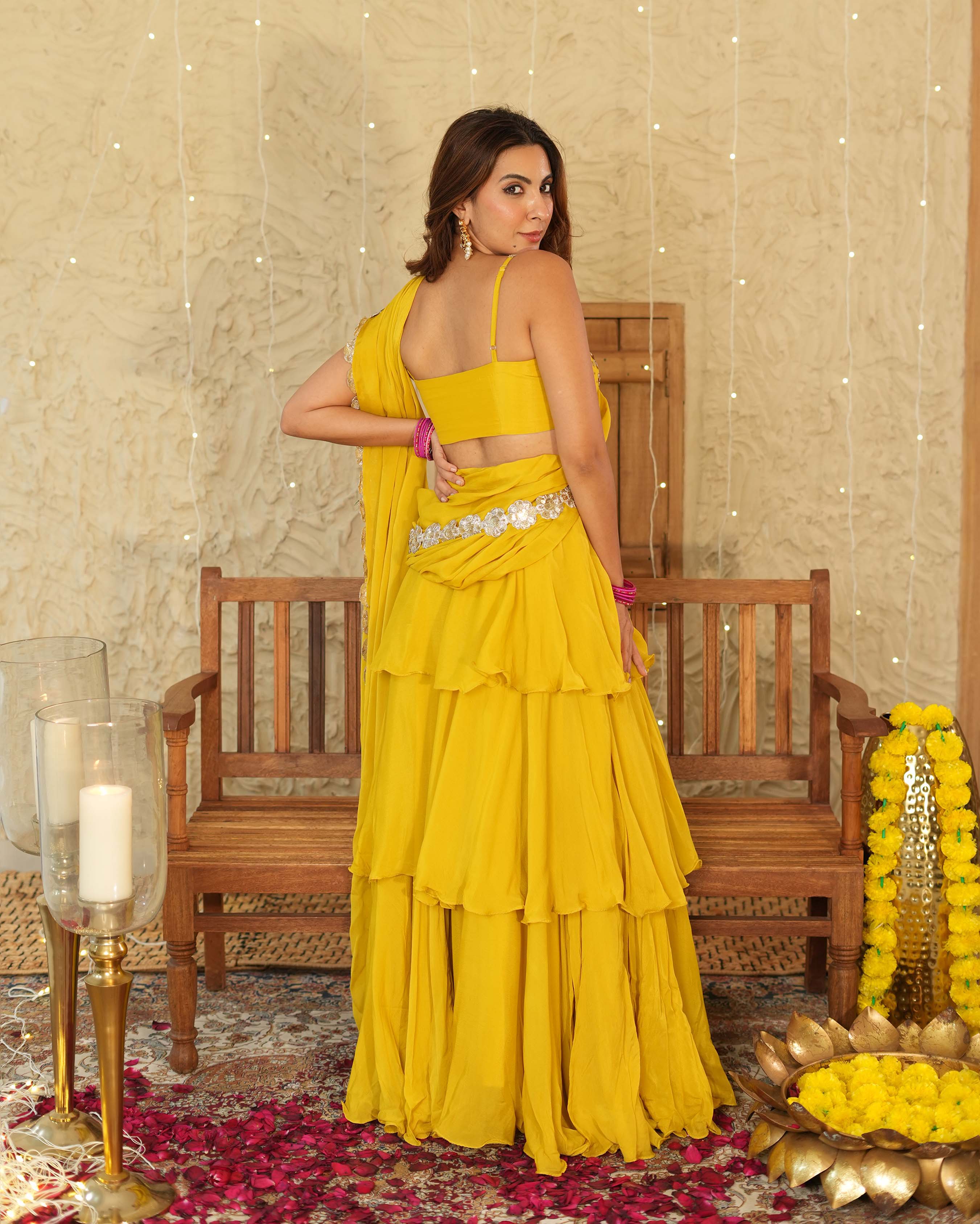 Kesar Mustard Solid Chinon Pre-draped Saree - Image 5