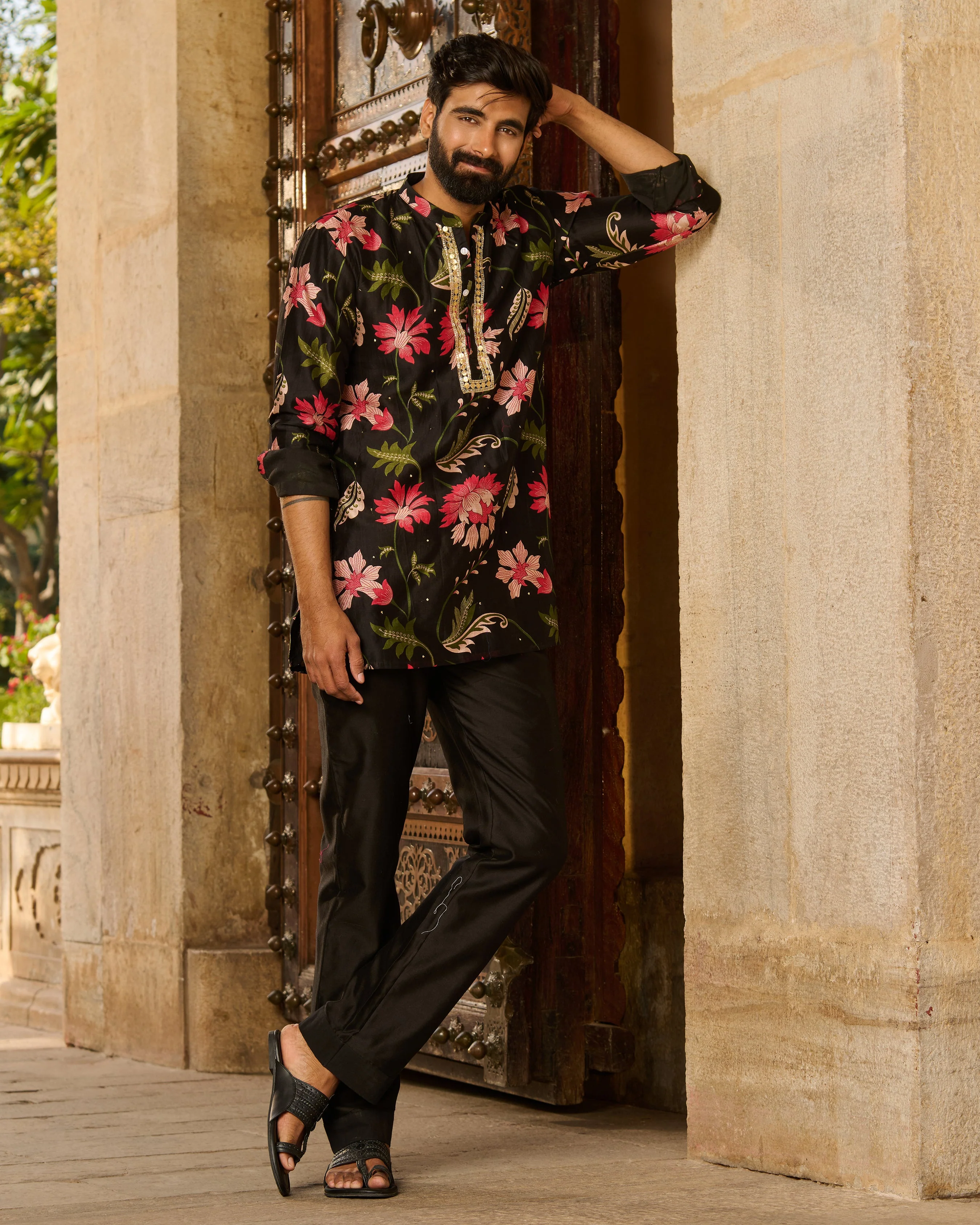 Keshav Black Printed Chanderi Kurta