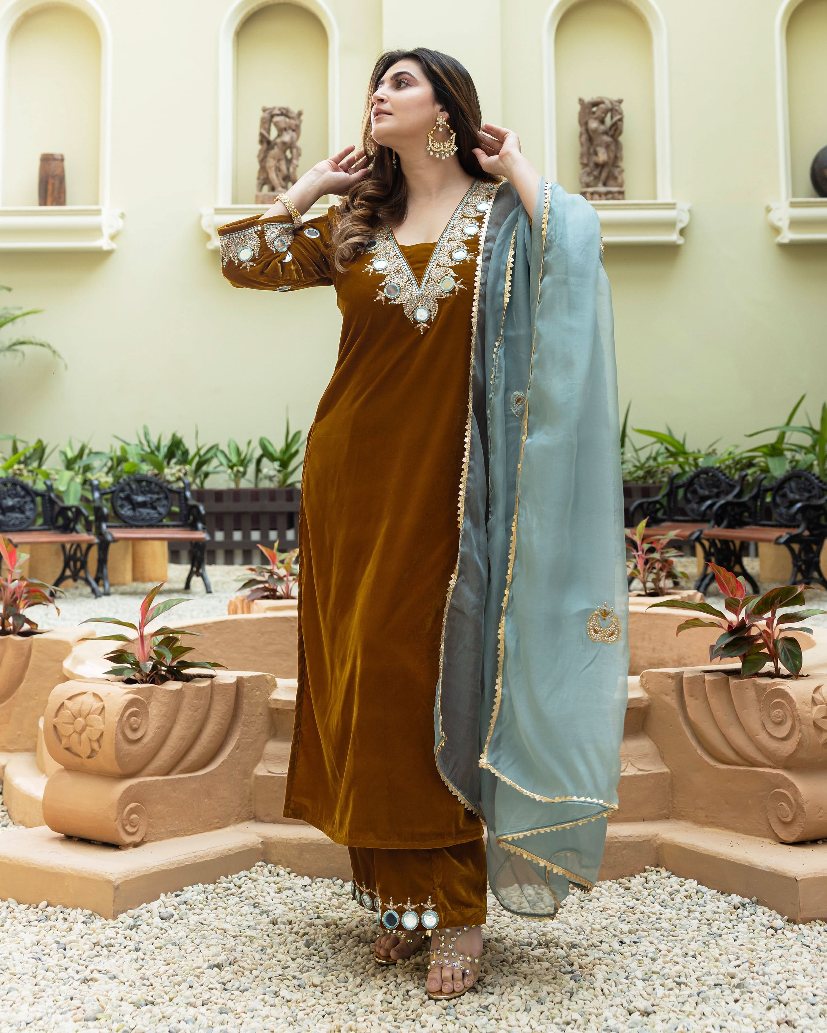 Khardali Mustard Embroidered Velvet Suit Set - Image 4