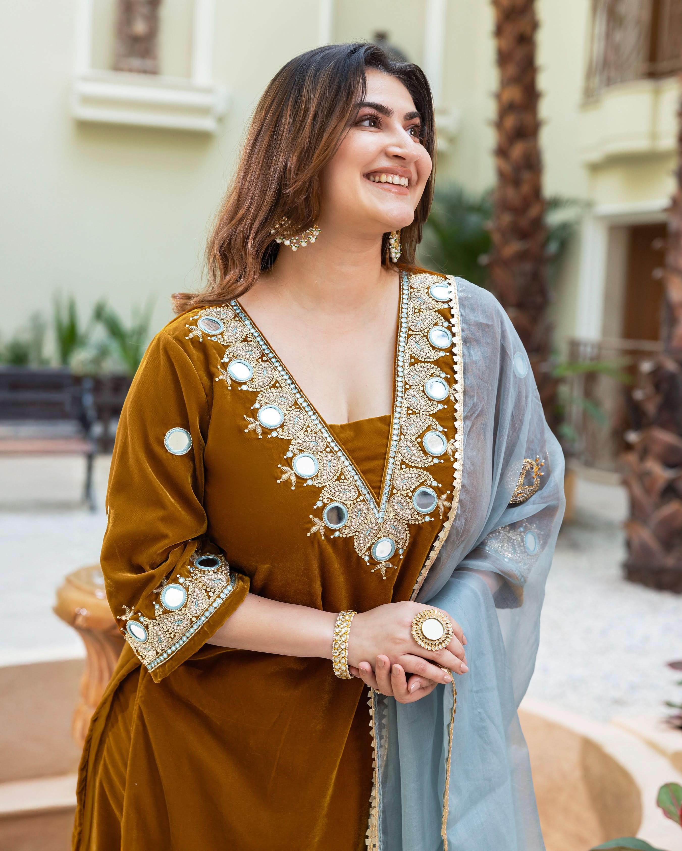 Khardali Mustard Embroidered Velvet Suit Set - Image 5