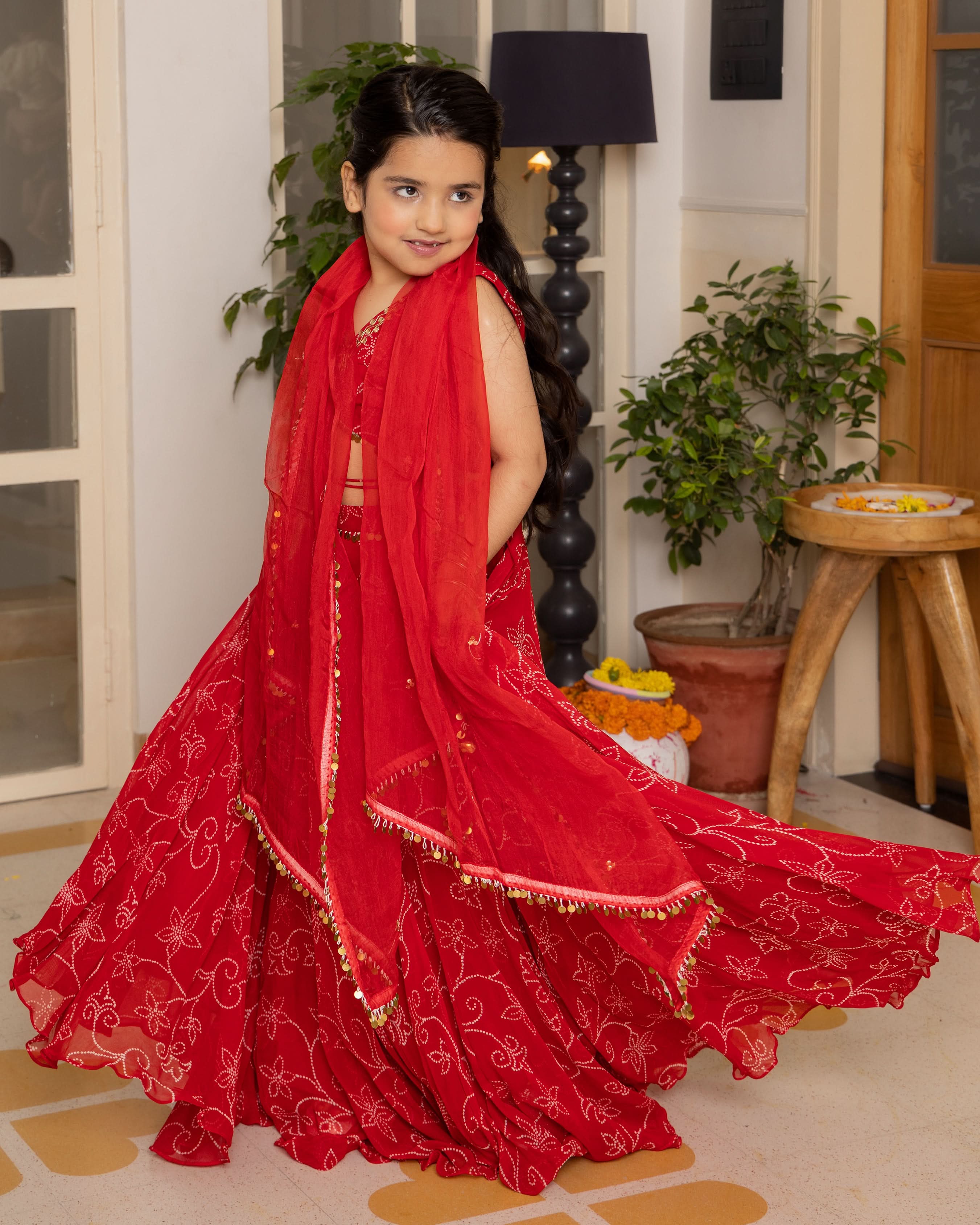 Kiara Red Bandhani Georgette Lehenga Set - Image 3