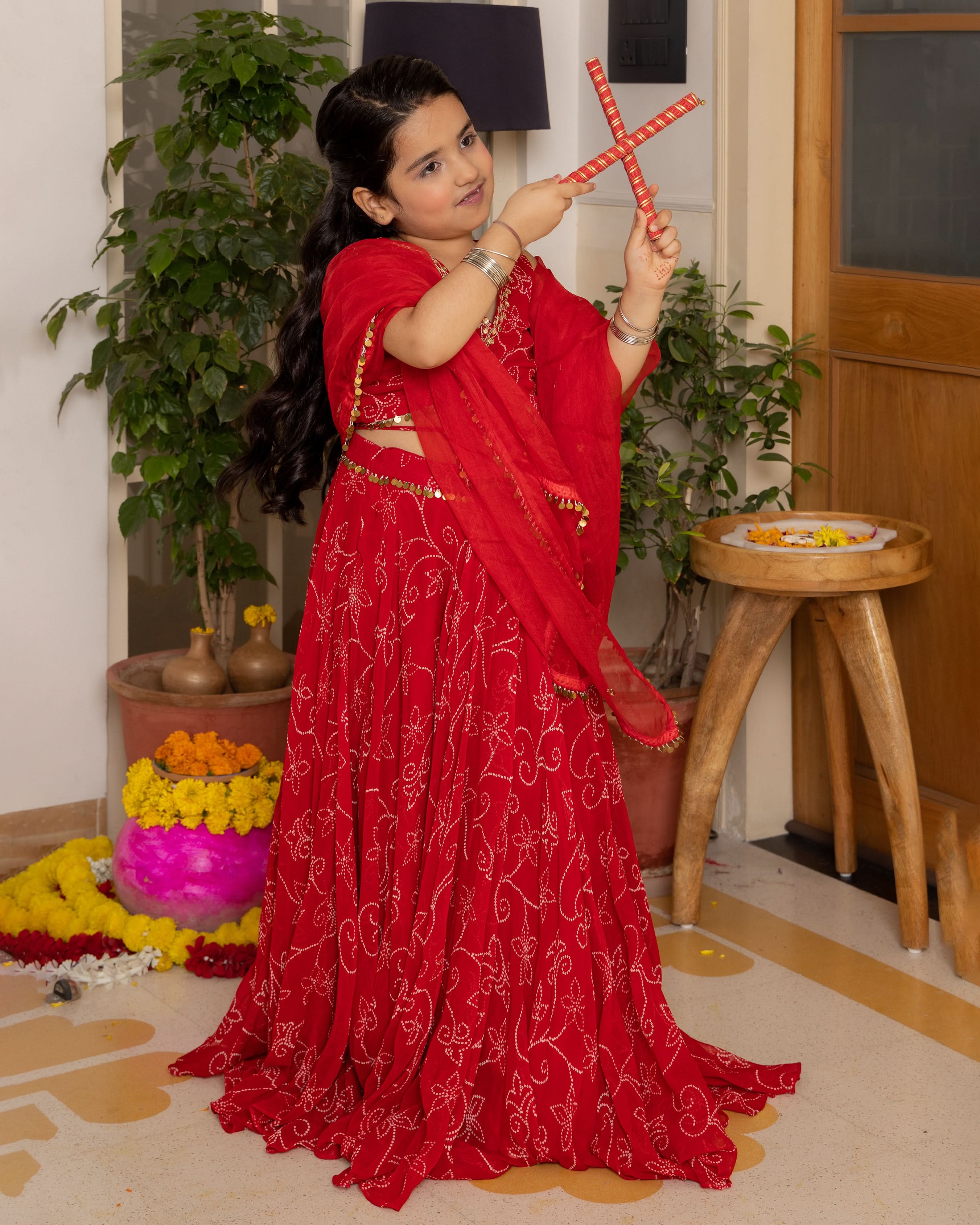 Kiara Red Bandhani Georgette Lehenga Set - Image 5