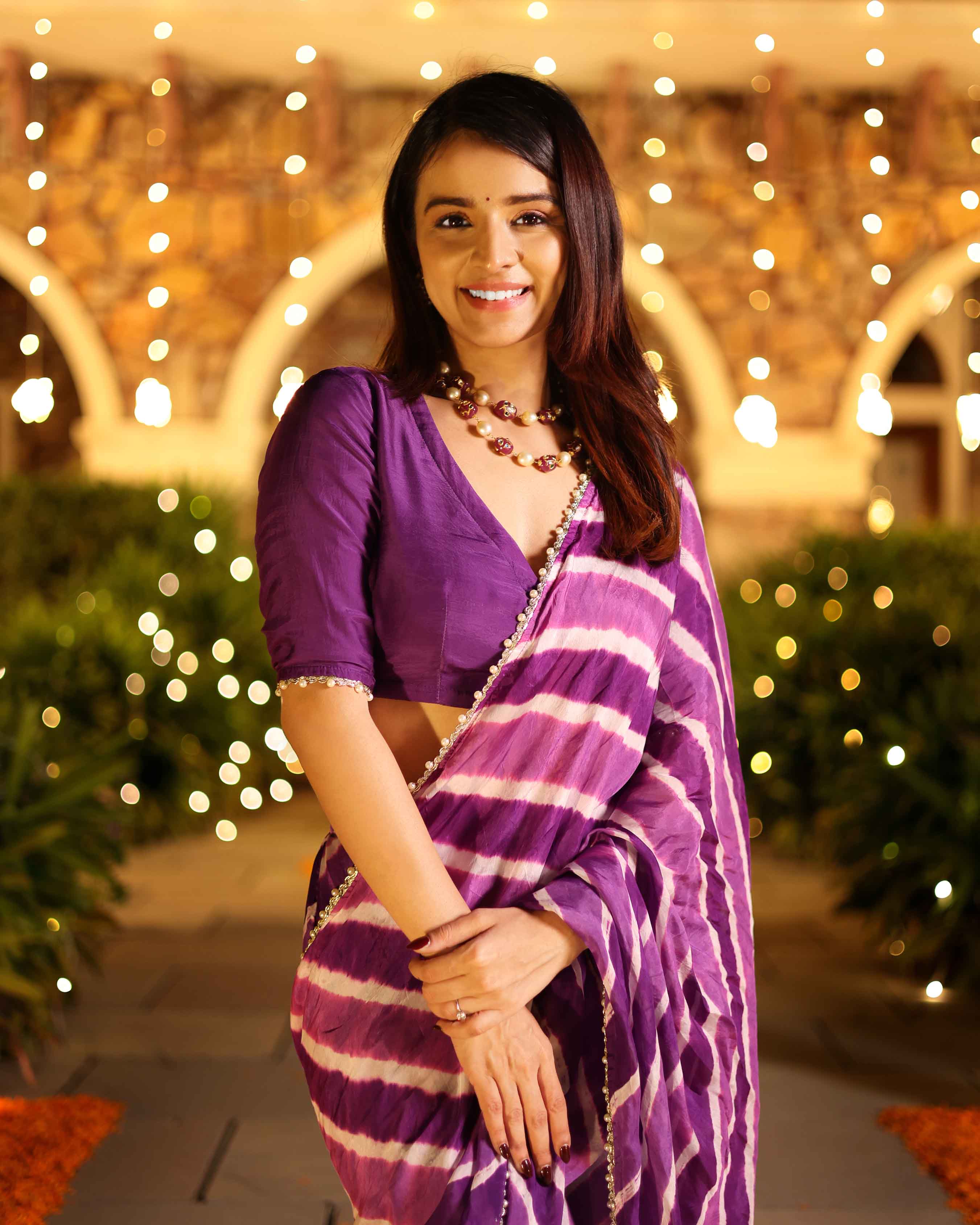 Kimaya Purple Leheriya Silk Pre Draped Saree - Image 10