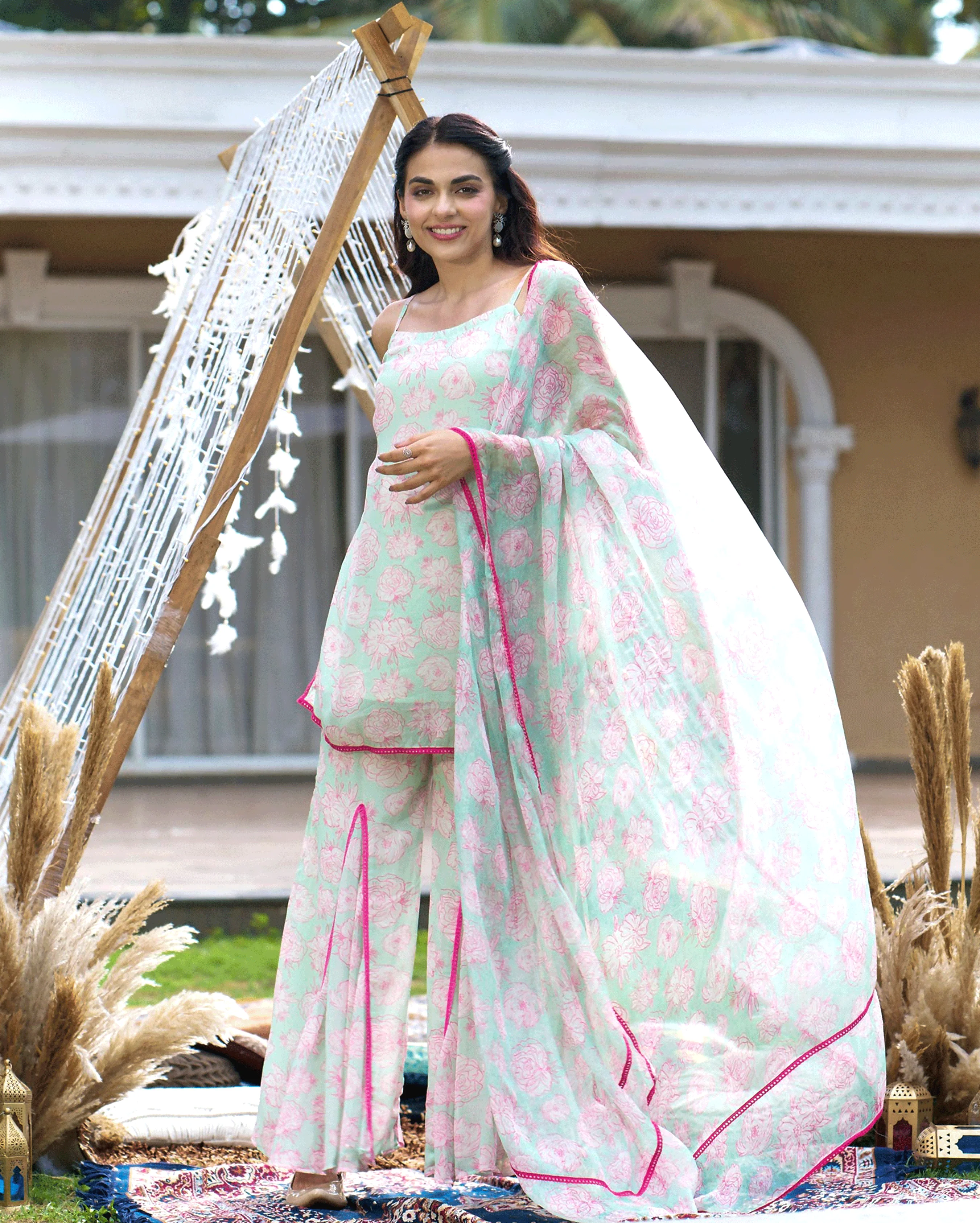 Kinaaz Sea Green Printed Georgette Sharara Set - Image 2