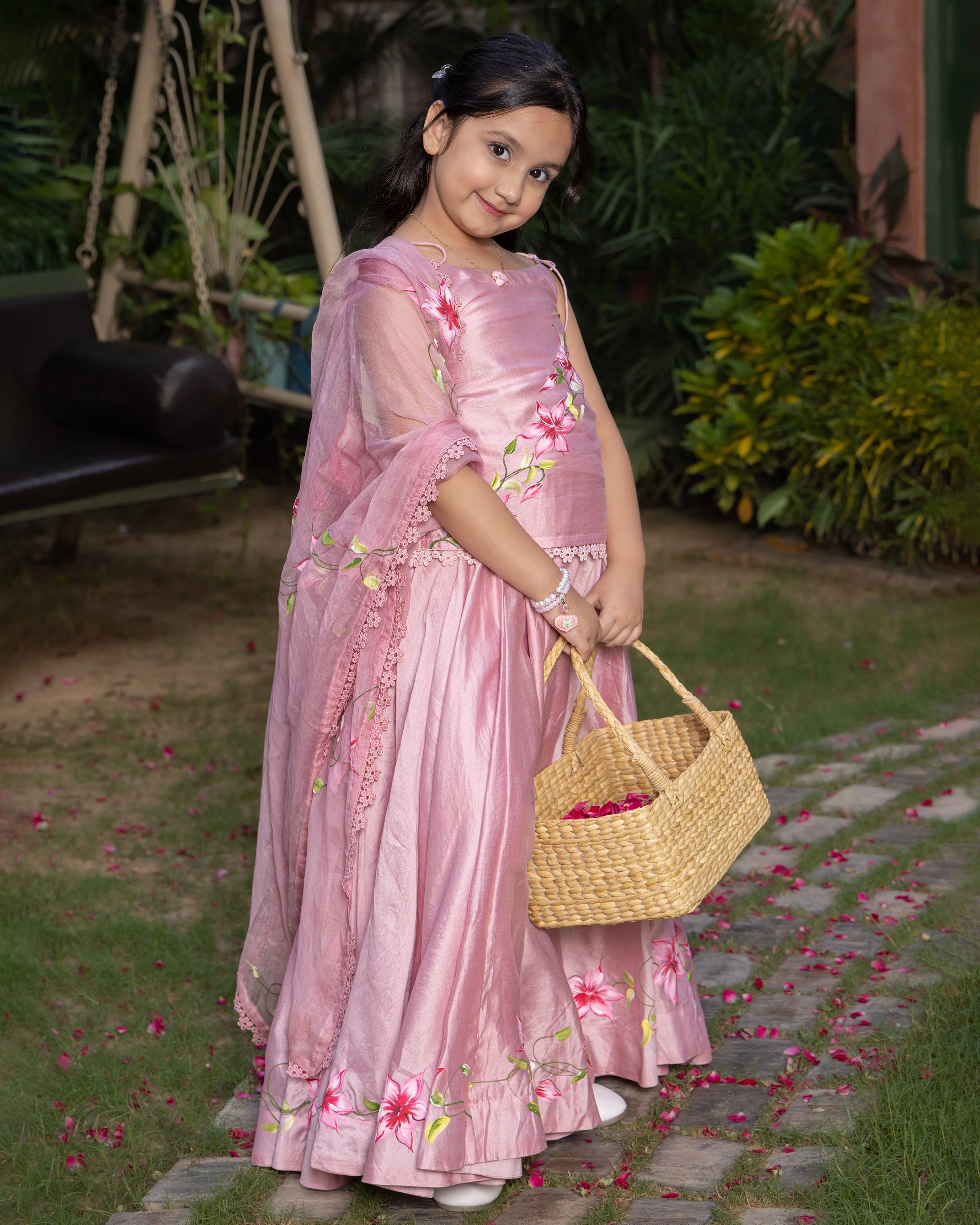 Koko Powder Pink Handpainted Chanderi Lehenga Set - Image 3