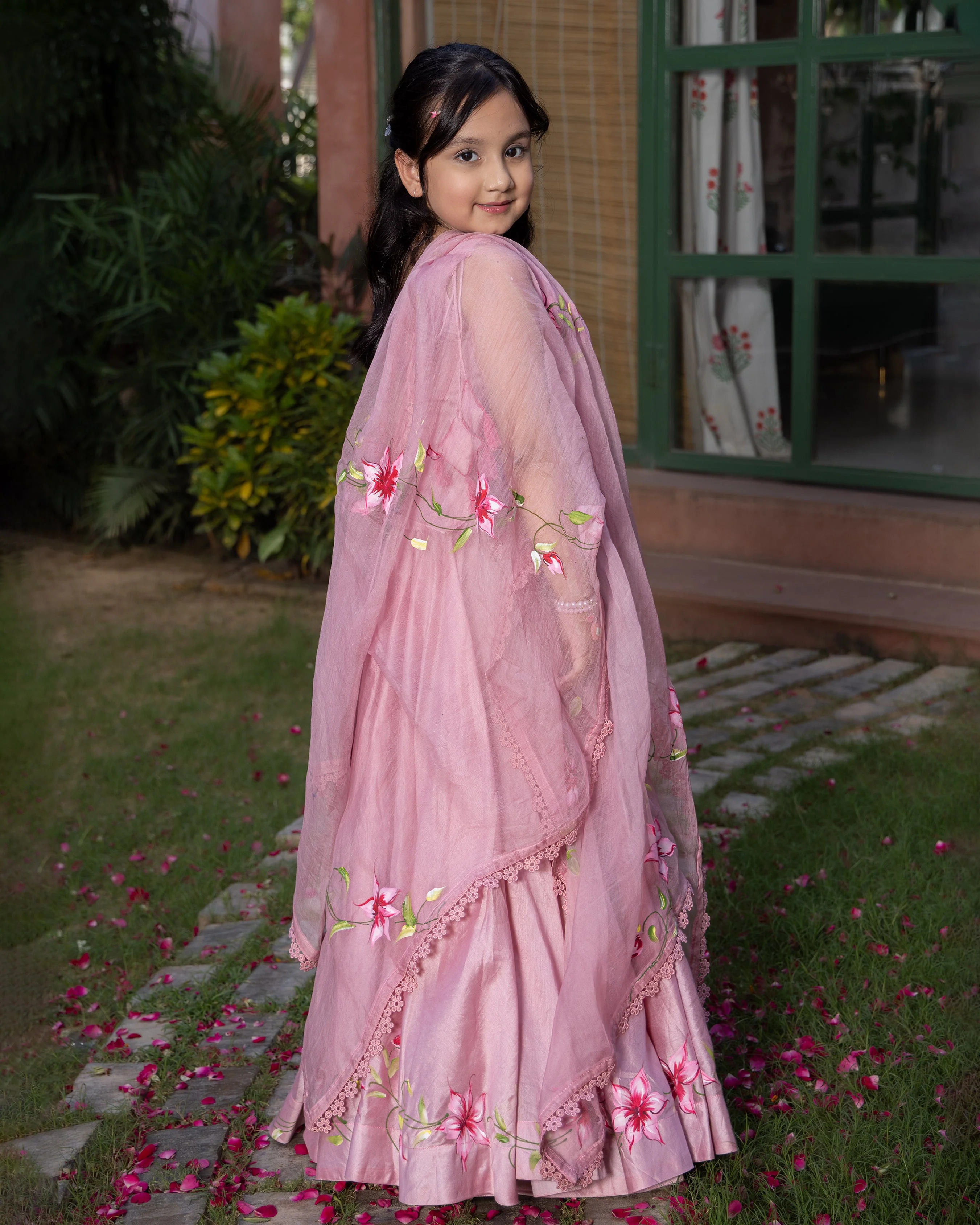 Koko Powder Pink Handpainted Chanderi Lehenga Set - Image 5