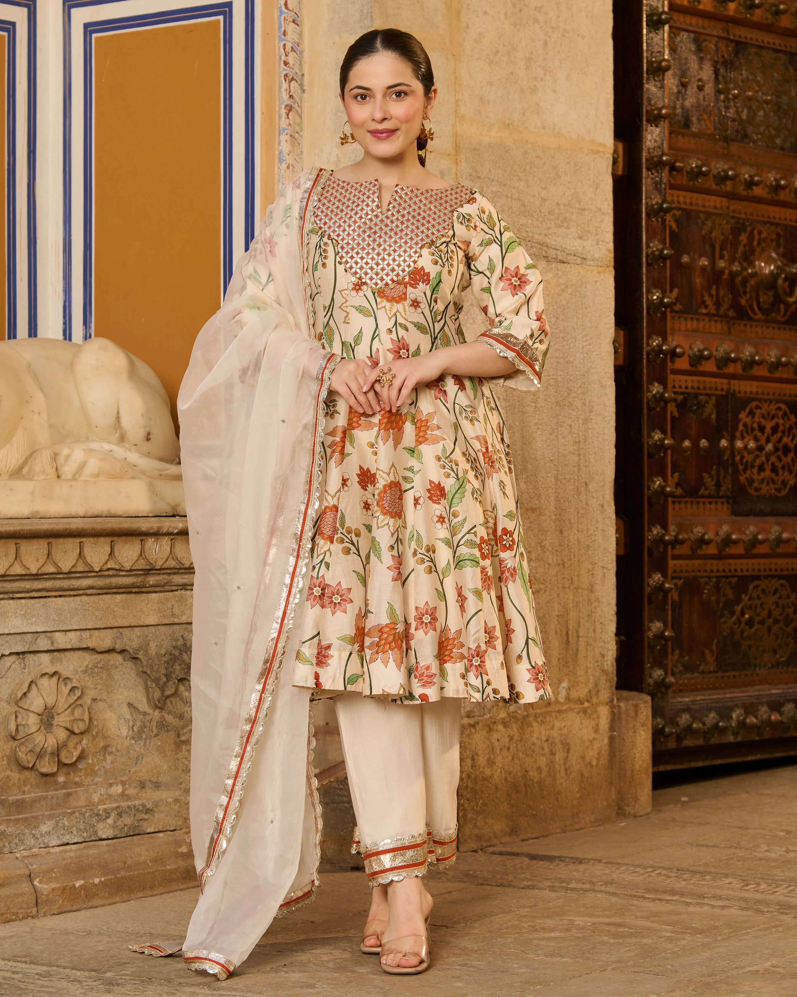 Kora Cream Printed Chanderi Suit Set - Image 2