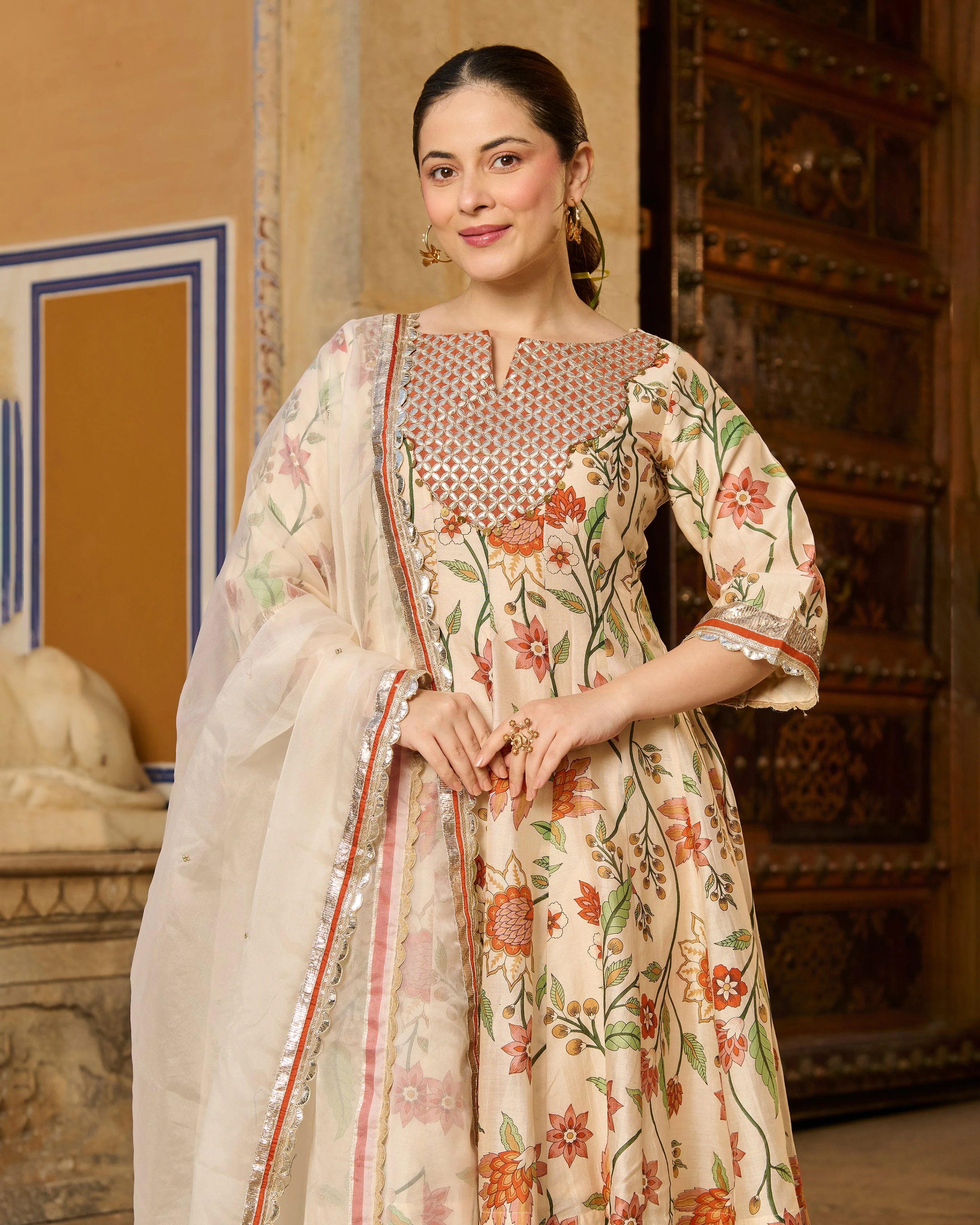 Kora Cream Printed Chanderi Suit Set - Image 8