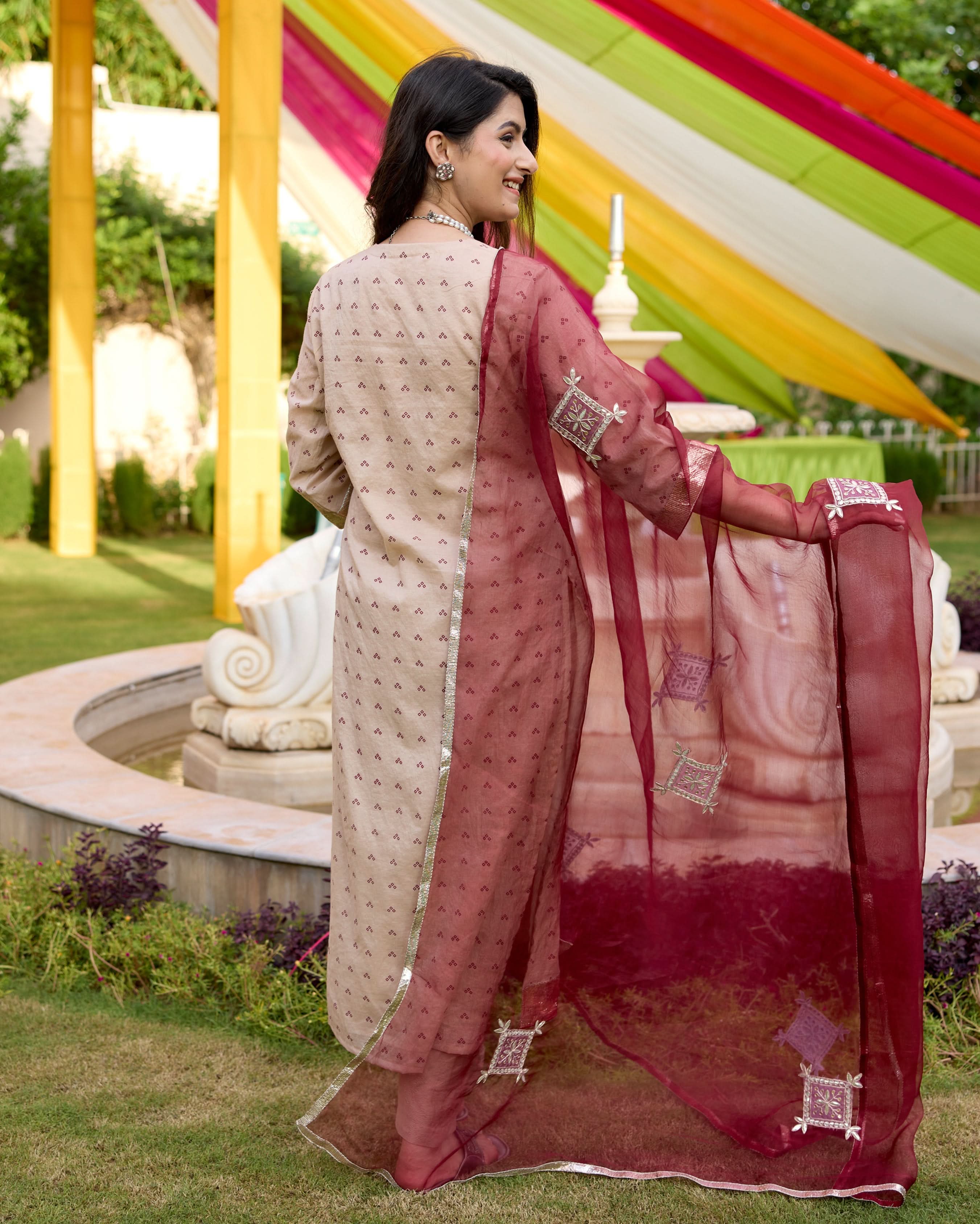 Kriti Beige Bandhani Chanderi Suit Set - Image 4