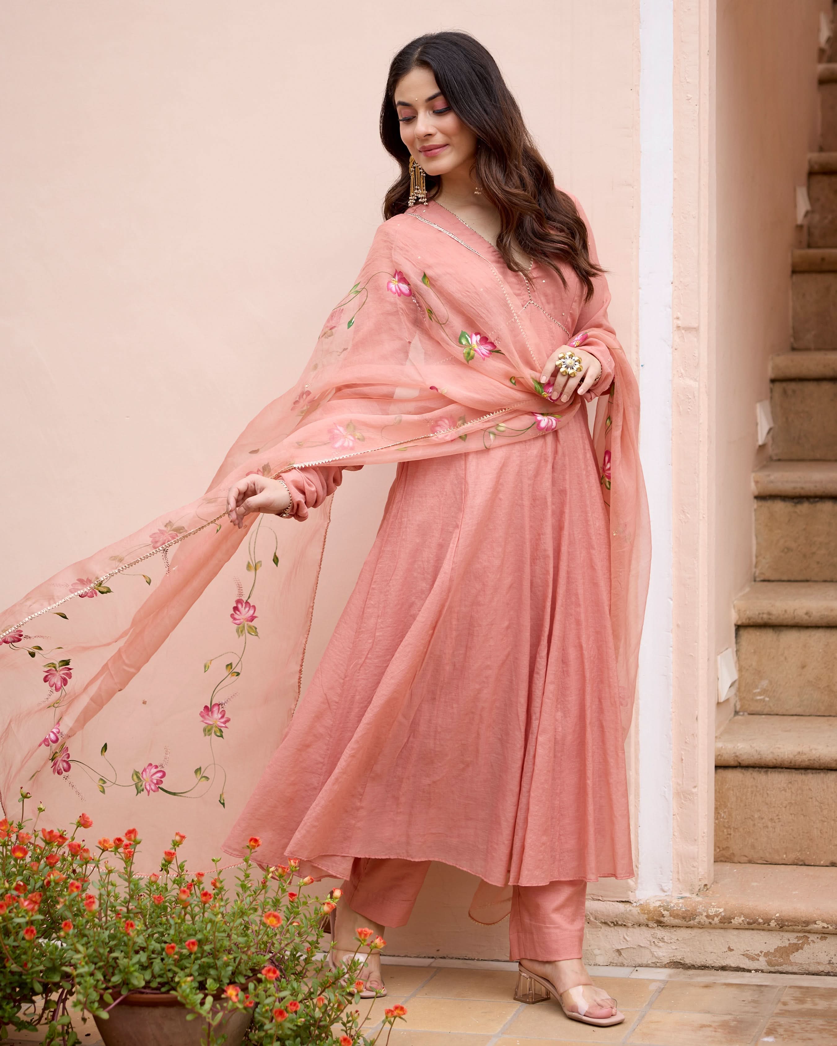 Kunda Peach Handpainted Chanderi Suit Set - Image 2