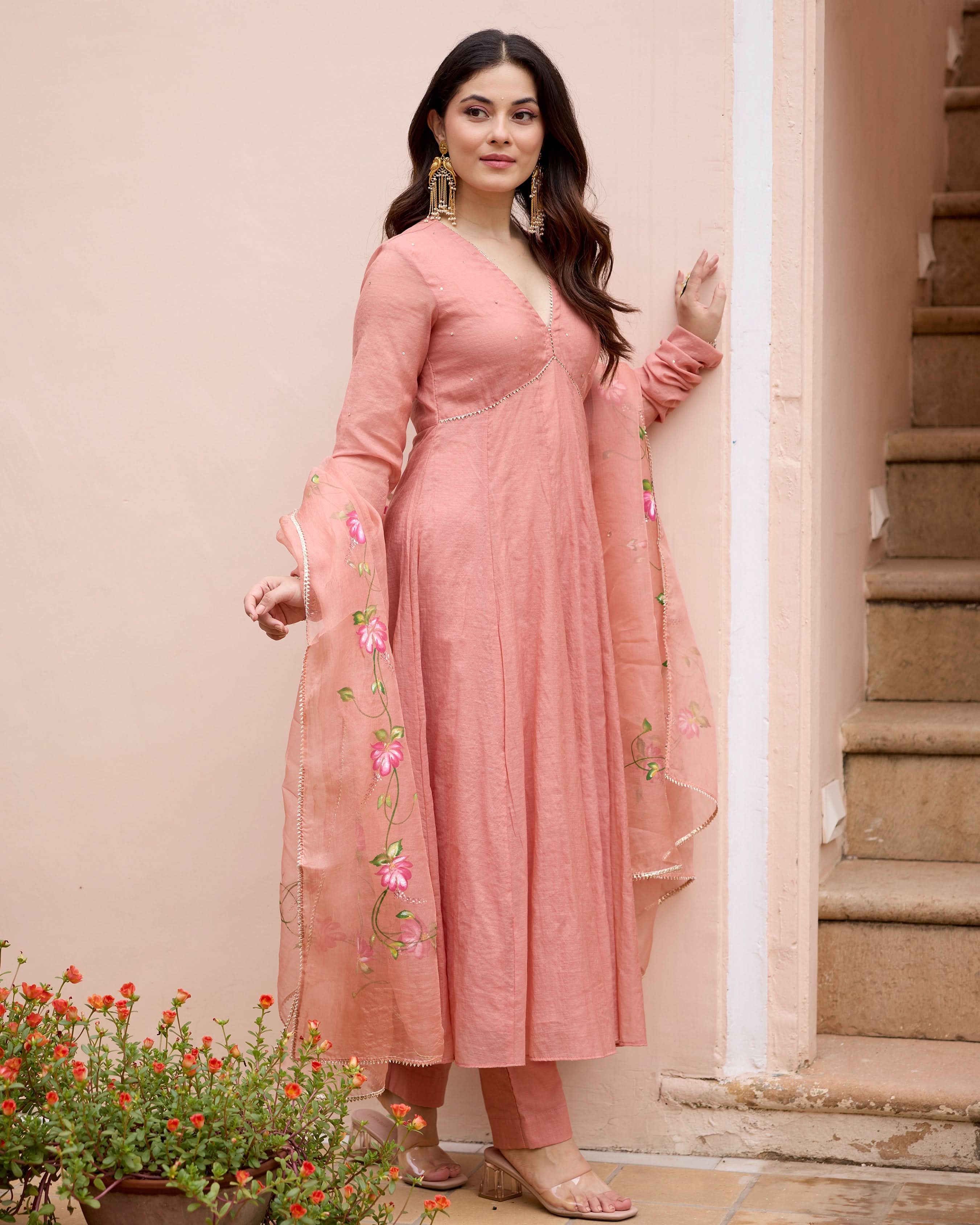 Kunda Peach Handpainted Chanderi Suit Set - Image 3