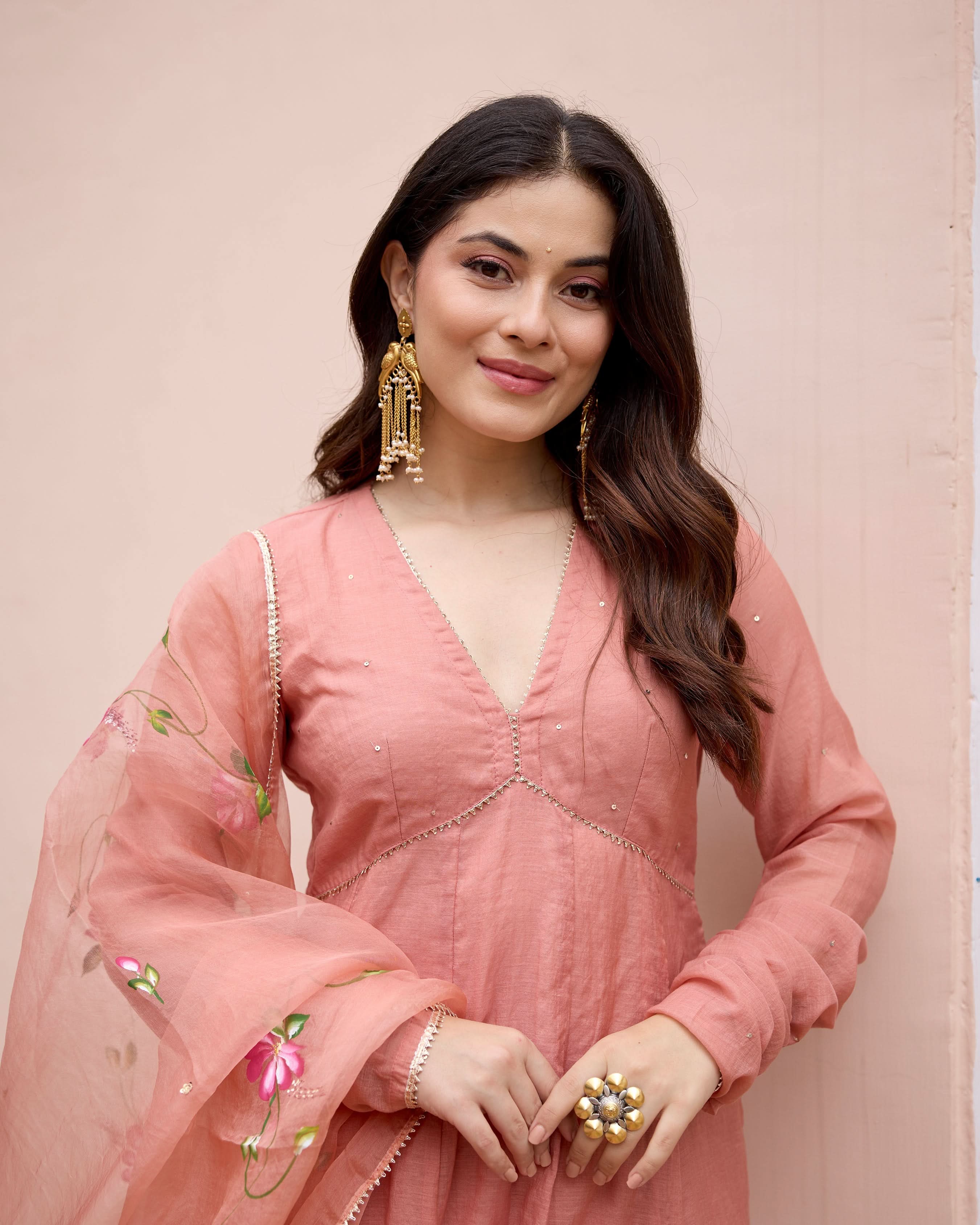 Kunda Peach Handpainted Chanderi Suit Set - Image 7