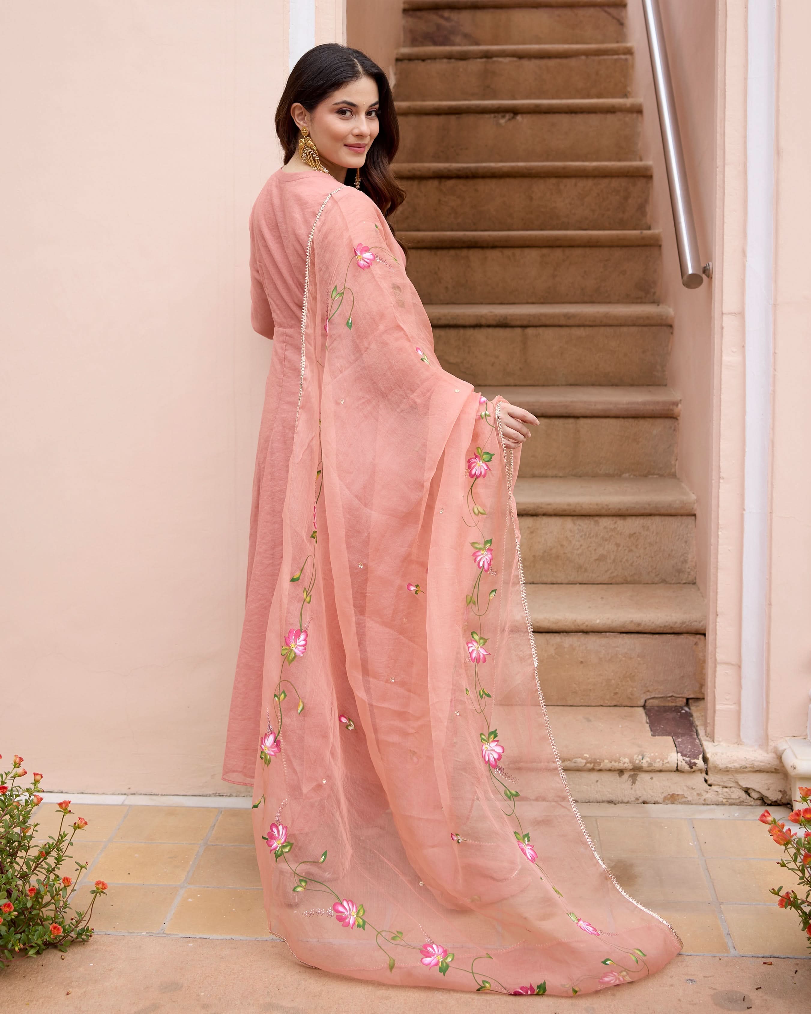 Kunda Peach Handpainted Chanderi Suit Set - Image 8