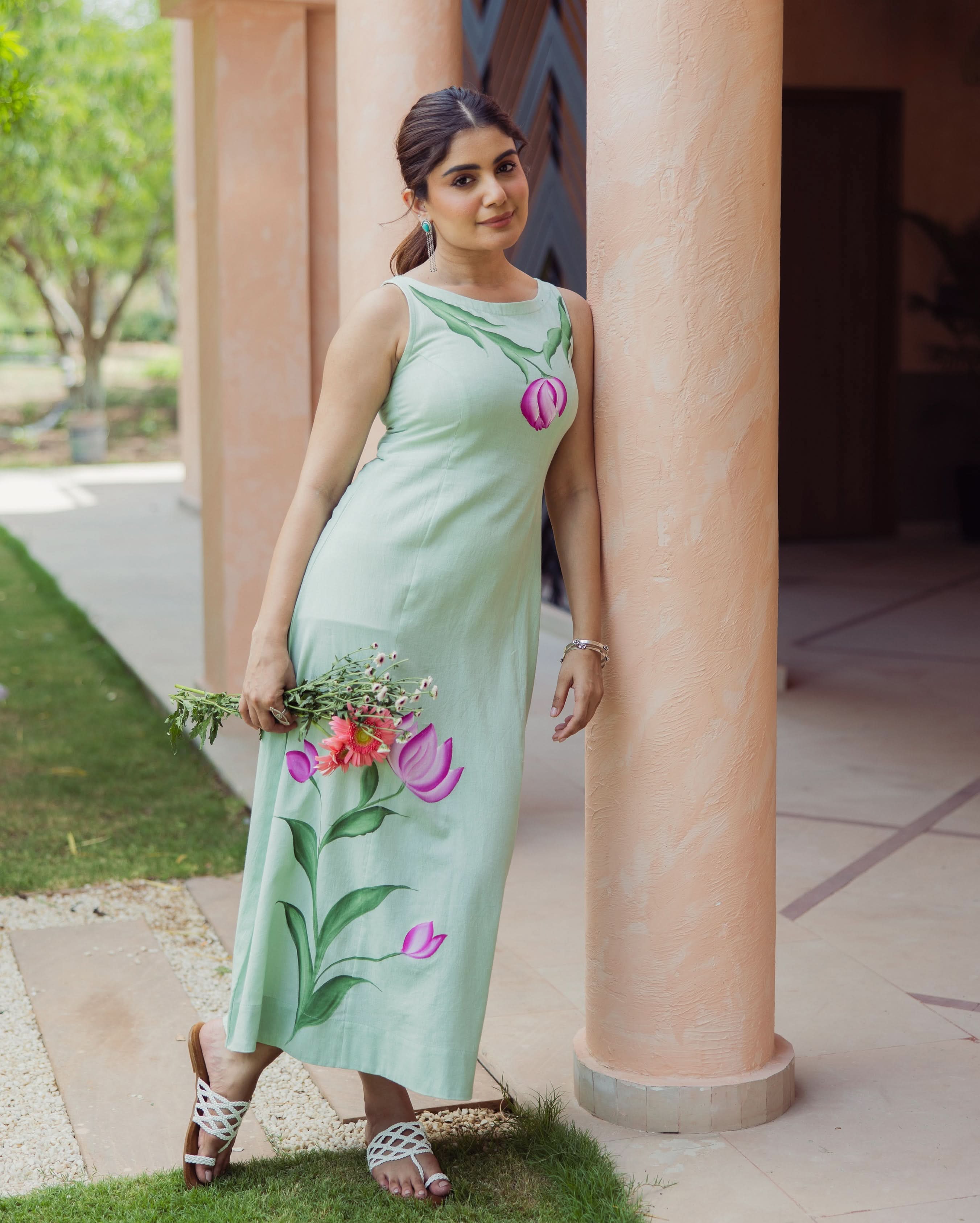 Kylie Sage Green Handpainted Flex Dress - Image 4