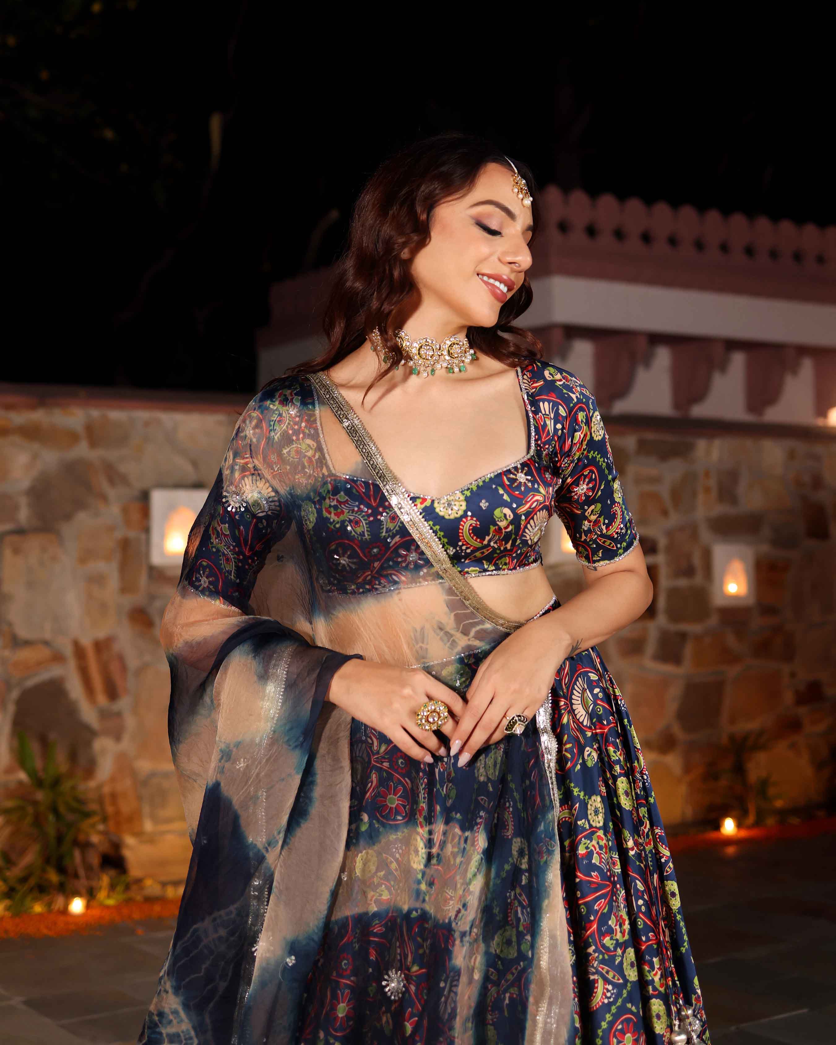 Laaya Blue Printed Hand Embroidered Satin Lehenga Set - Image 2