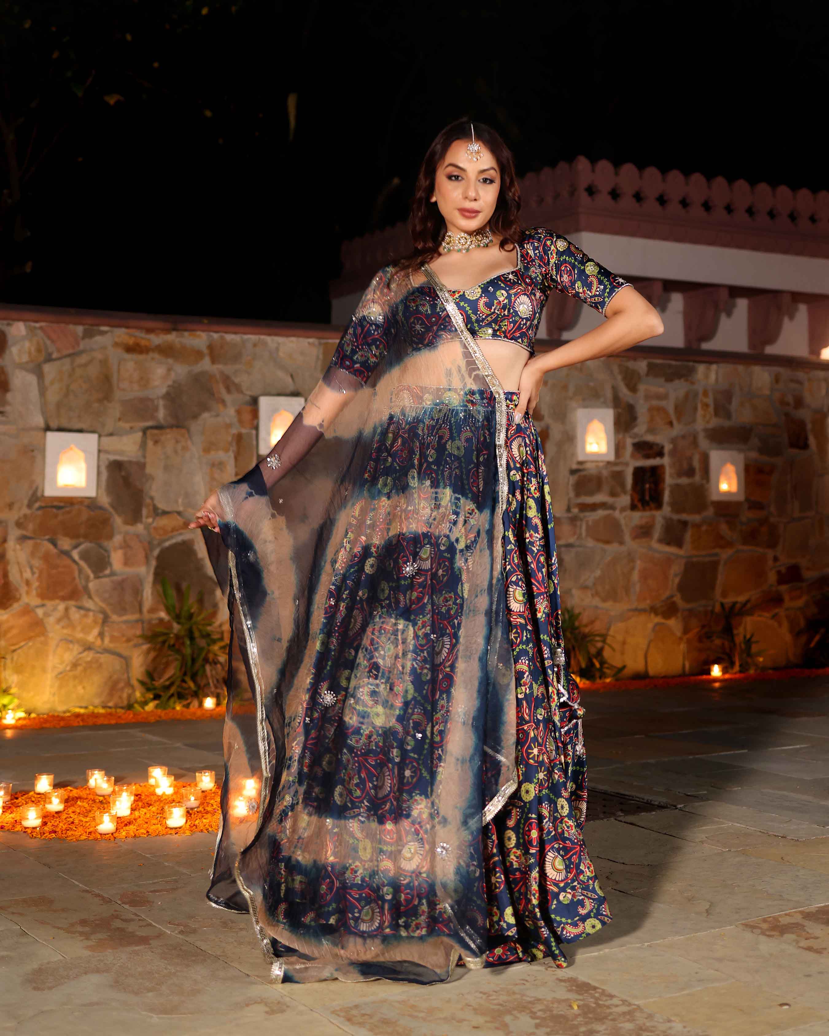 Laaya Blue Printed Hand Embroidered Satin Lehenga Set - Image 6