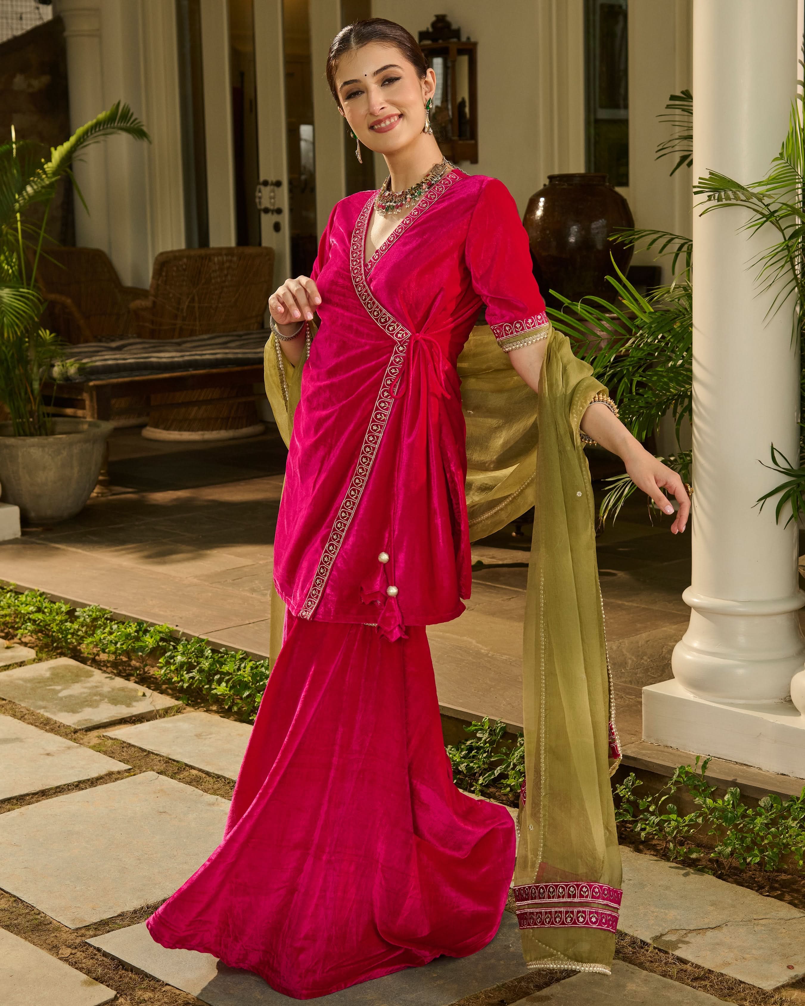 Lakshya Pink Embroidered Velvet Sharara Set - Image 2