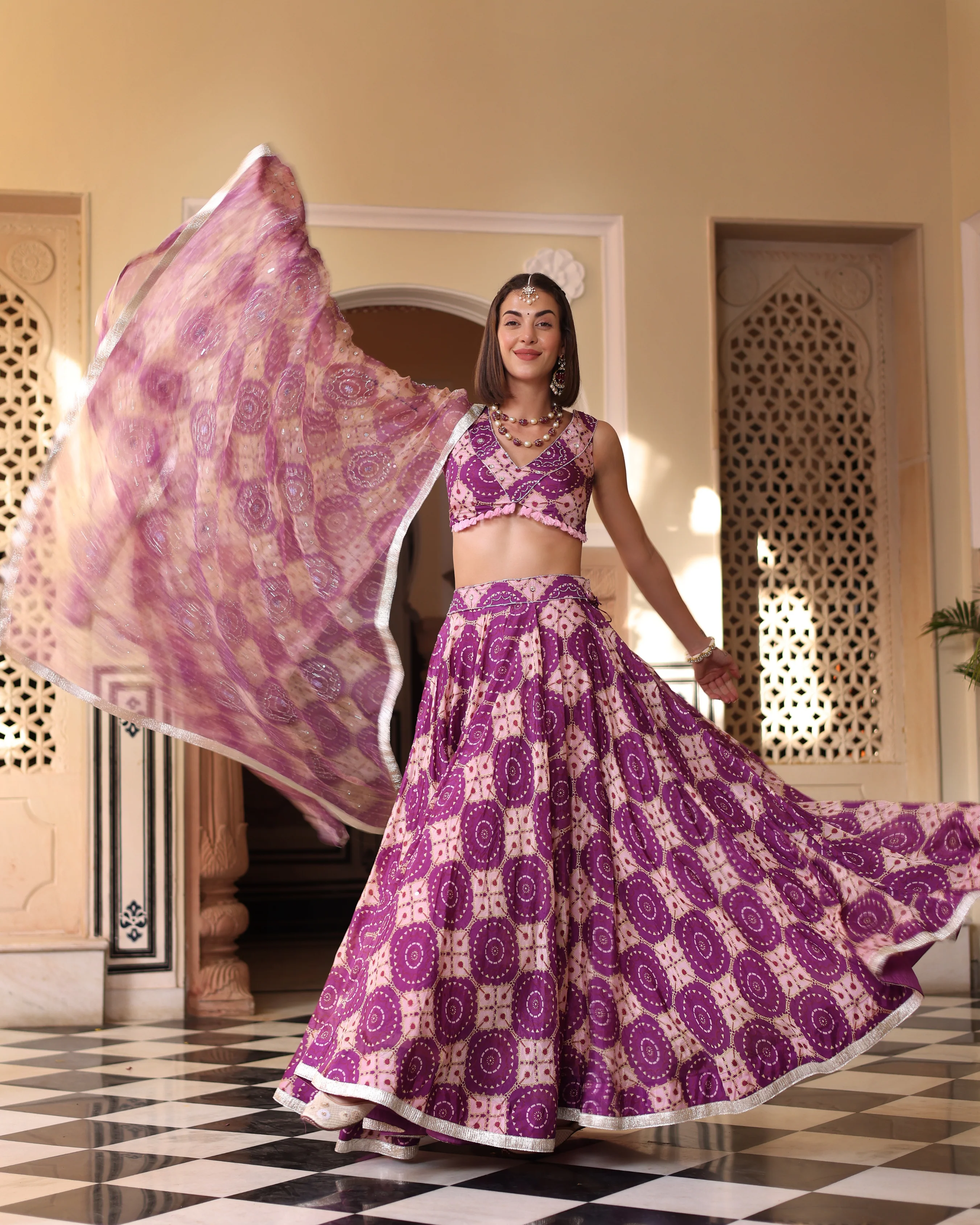Lavender Printed Satin Lehenga Set - Image 6