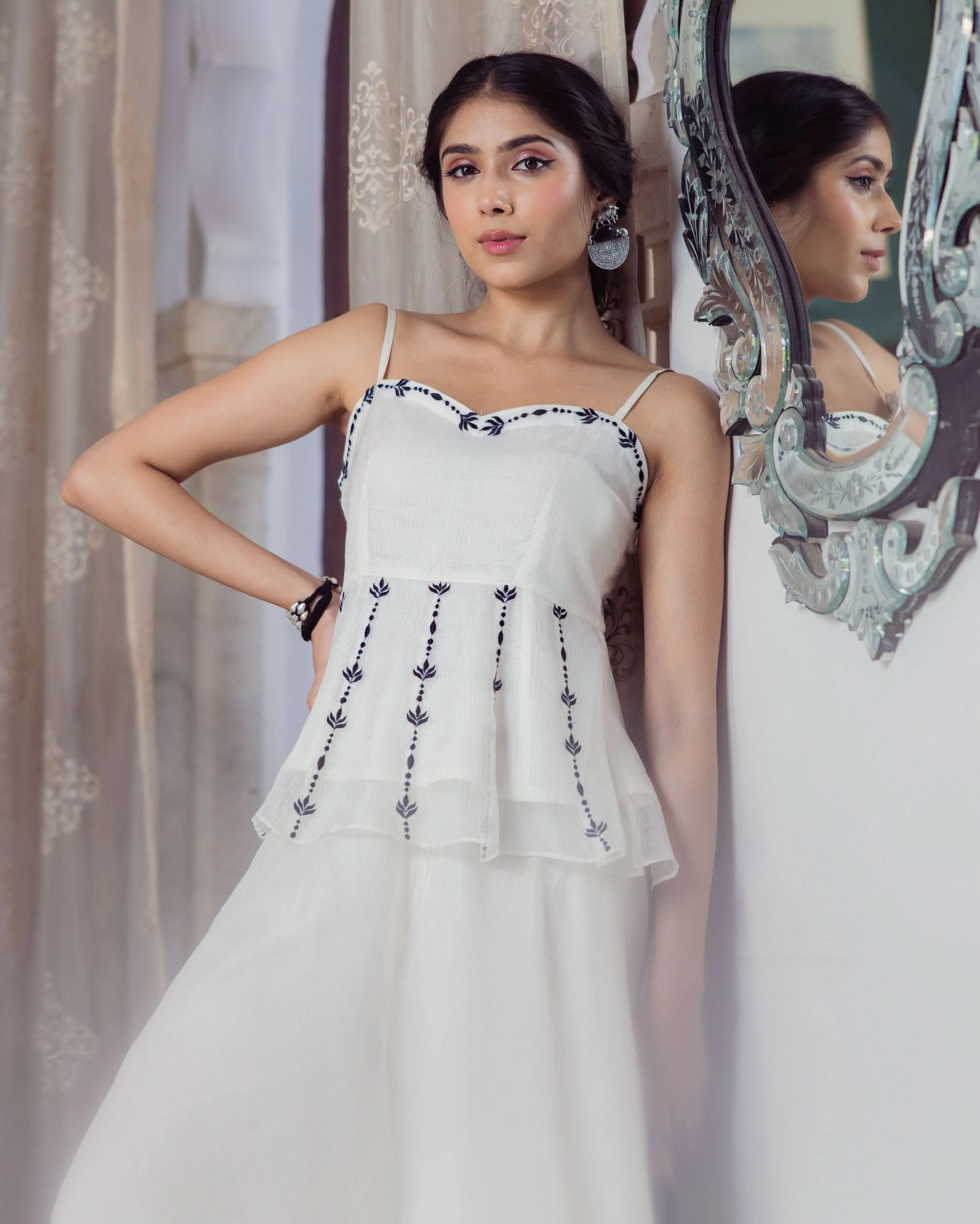 Leaf White Embroidered Doria Coord Set - Image 3
