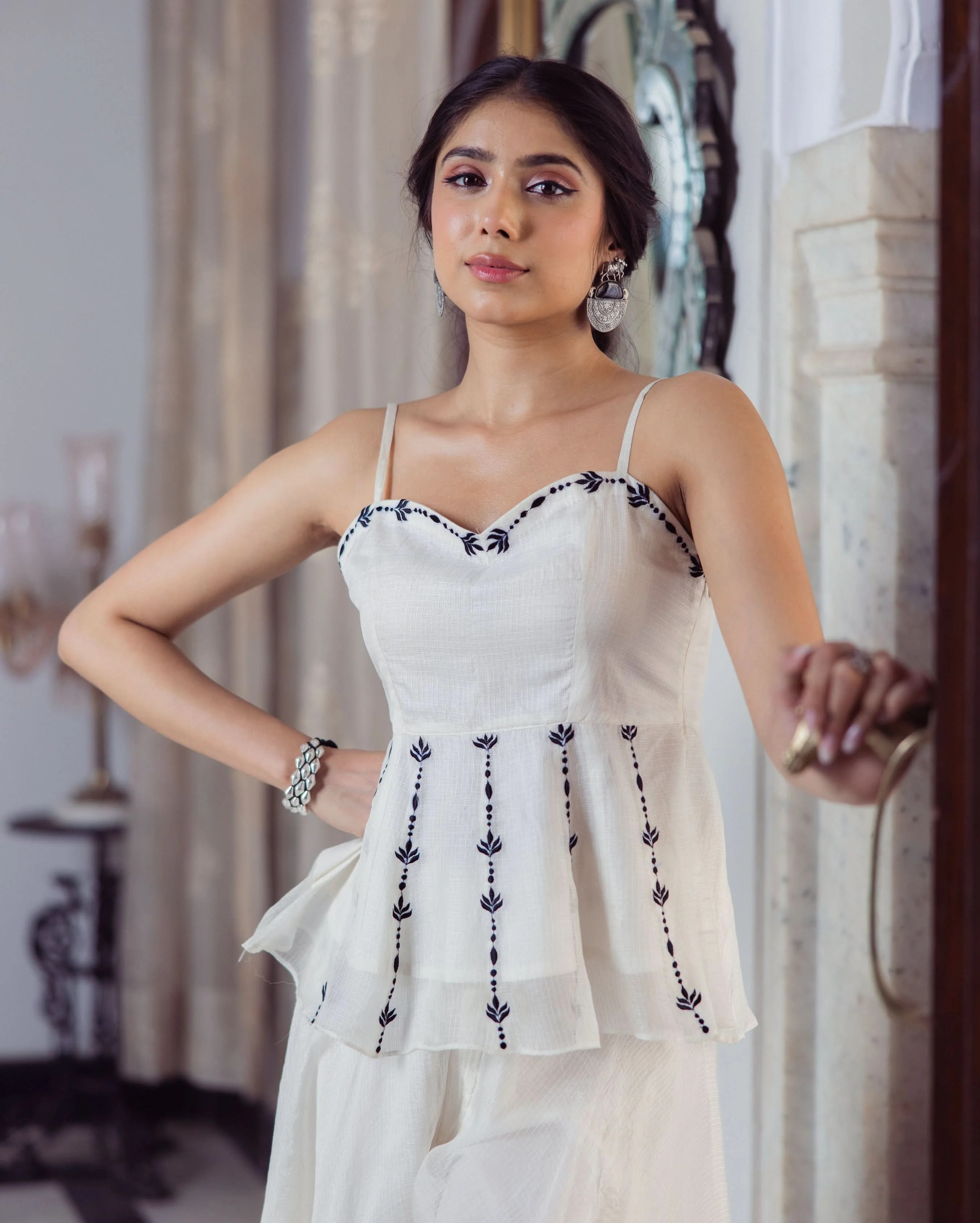 Leaf White Embroidered Doria Coord Set - Image 4