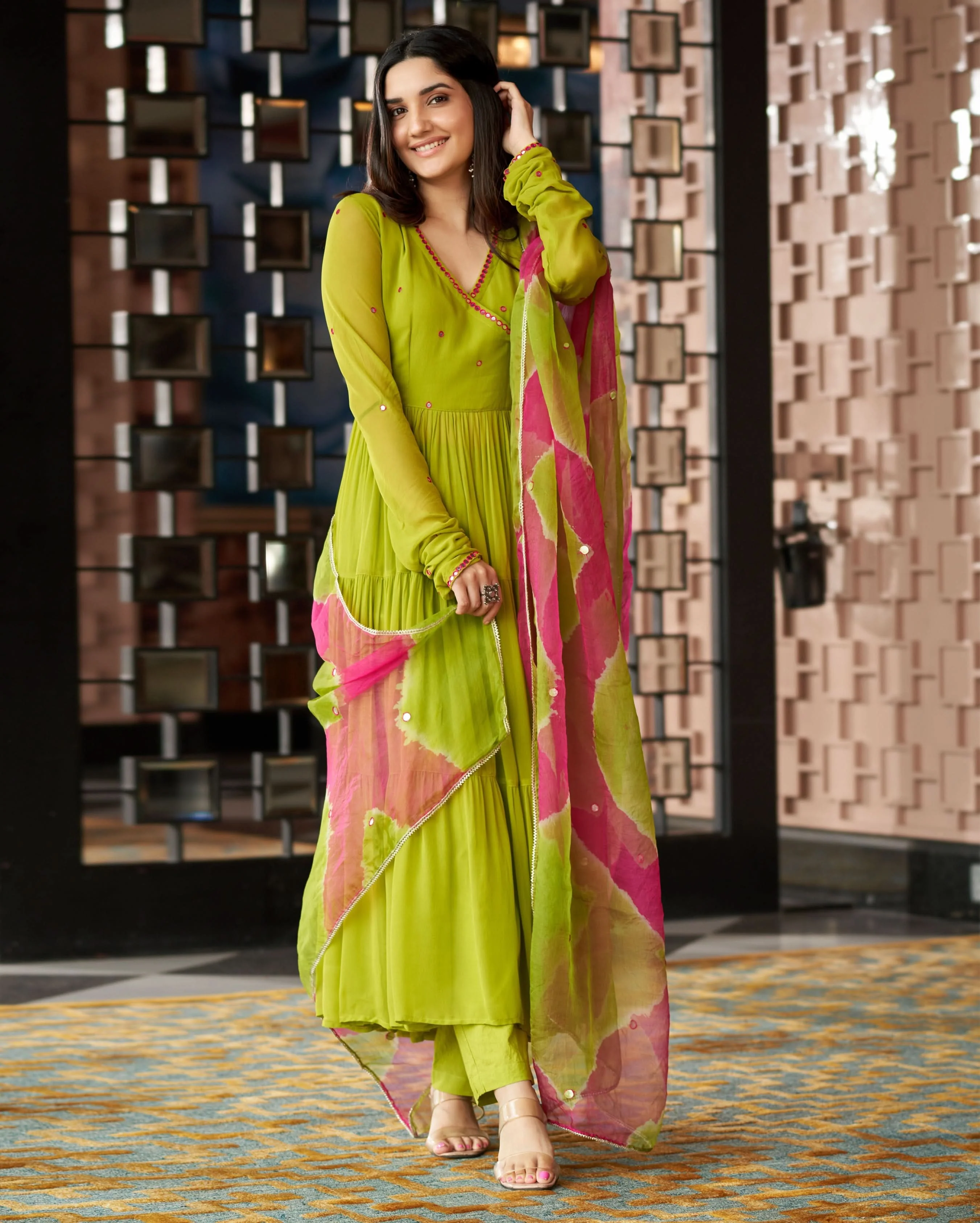 Leela Neon Green Embroidered Georgette Suit Set - Image 5