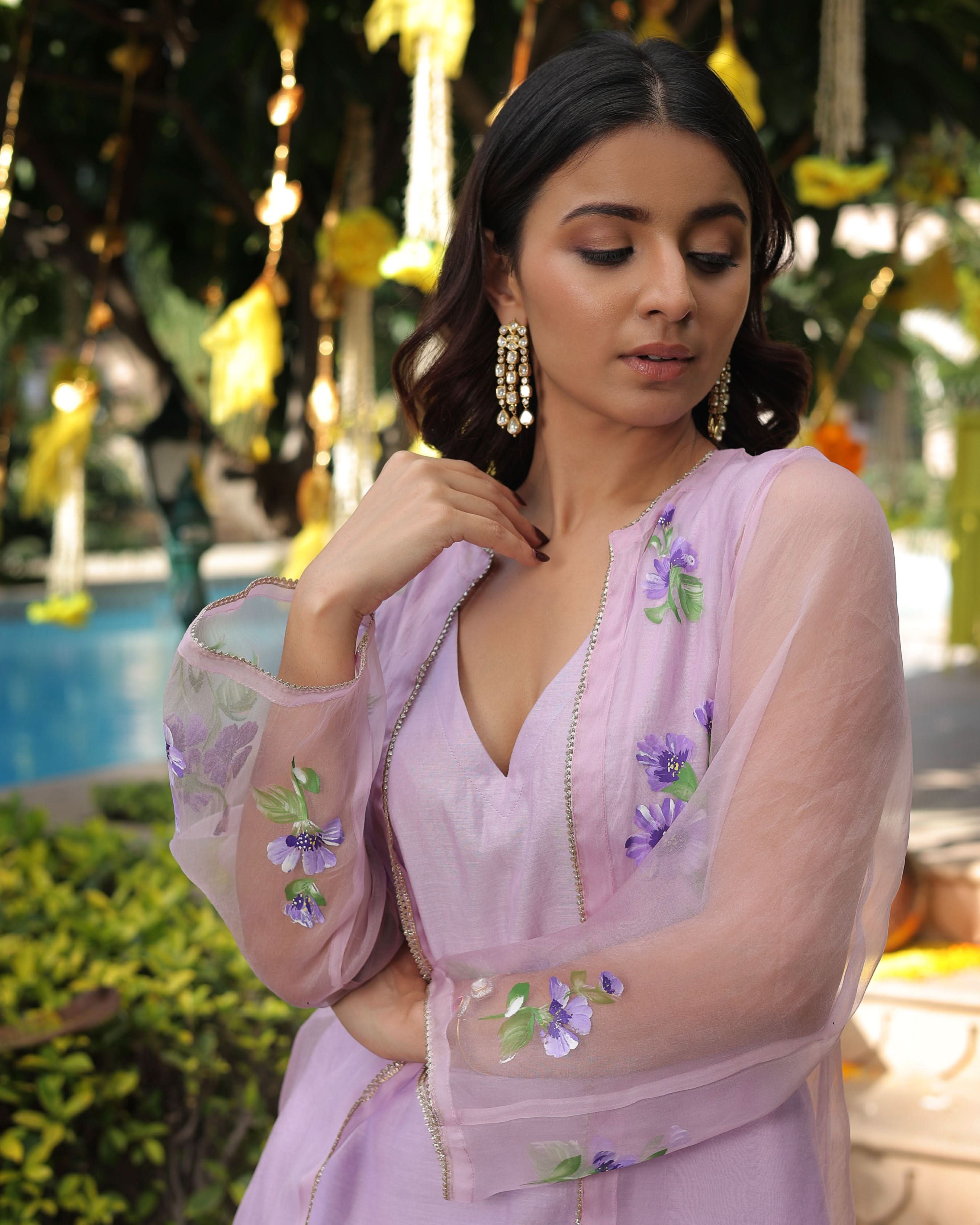 Lilac Daisy Delight Handpainted Chanderi Coord Set - Image 4