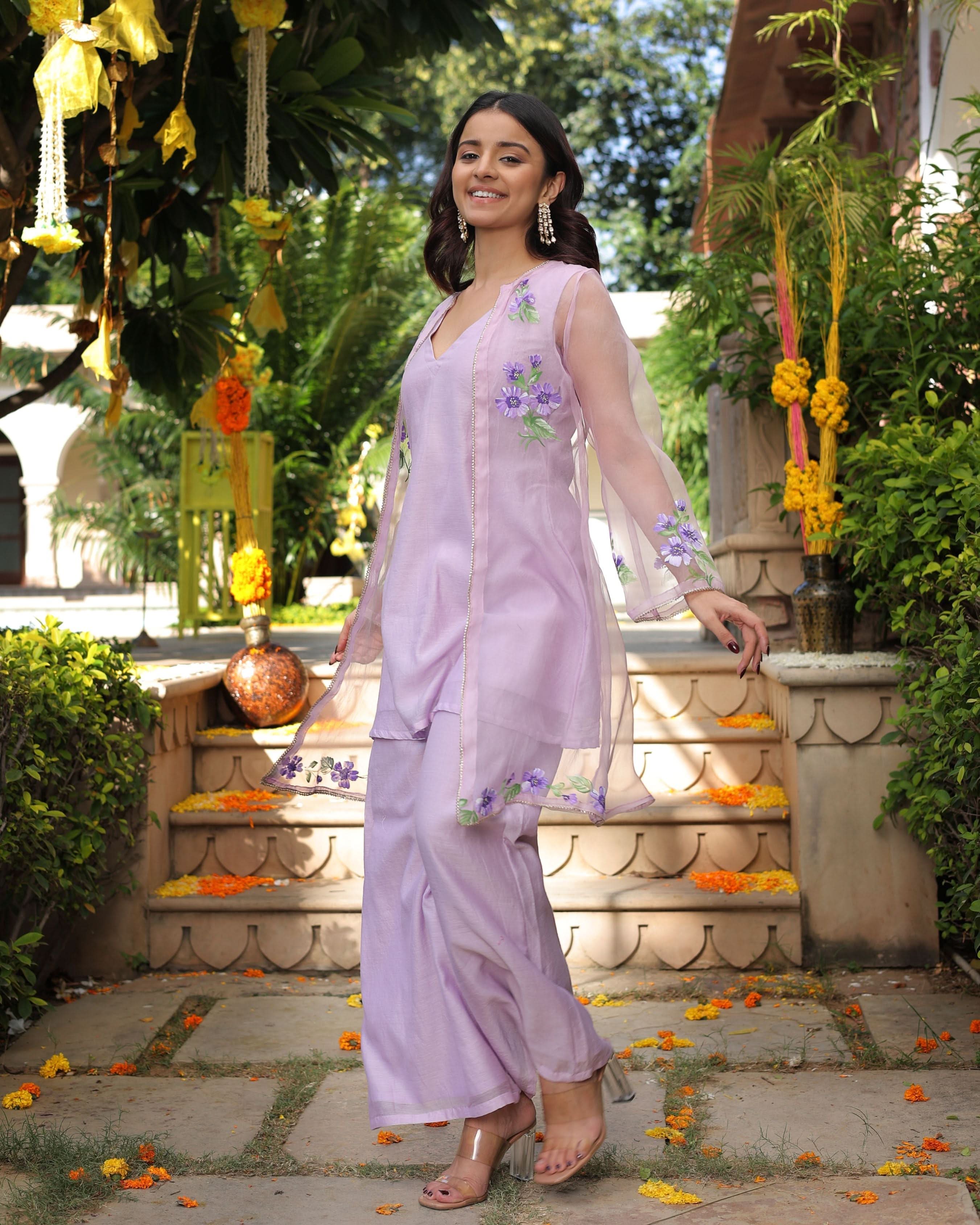 Lilac Daisy Delight Handpainted Chanderi Coord Set - Image 5