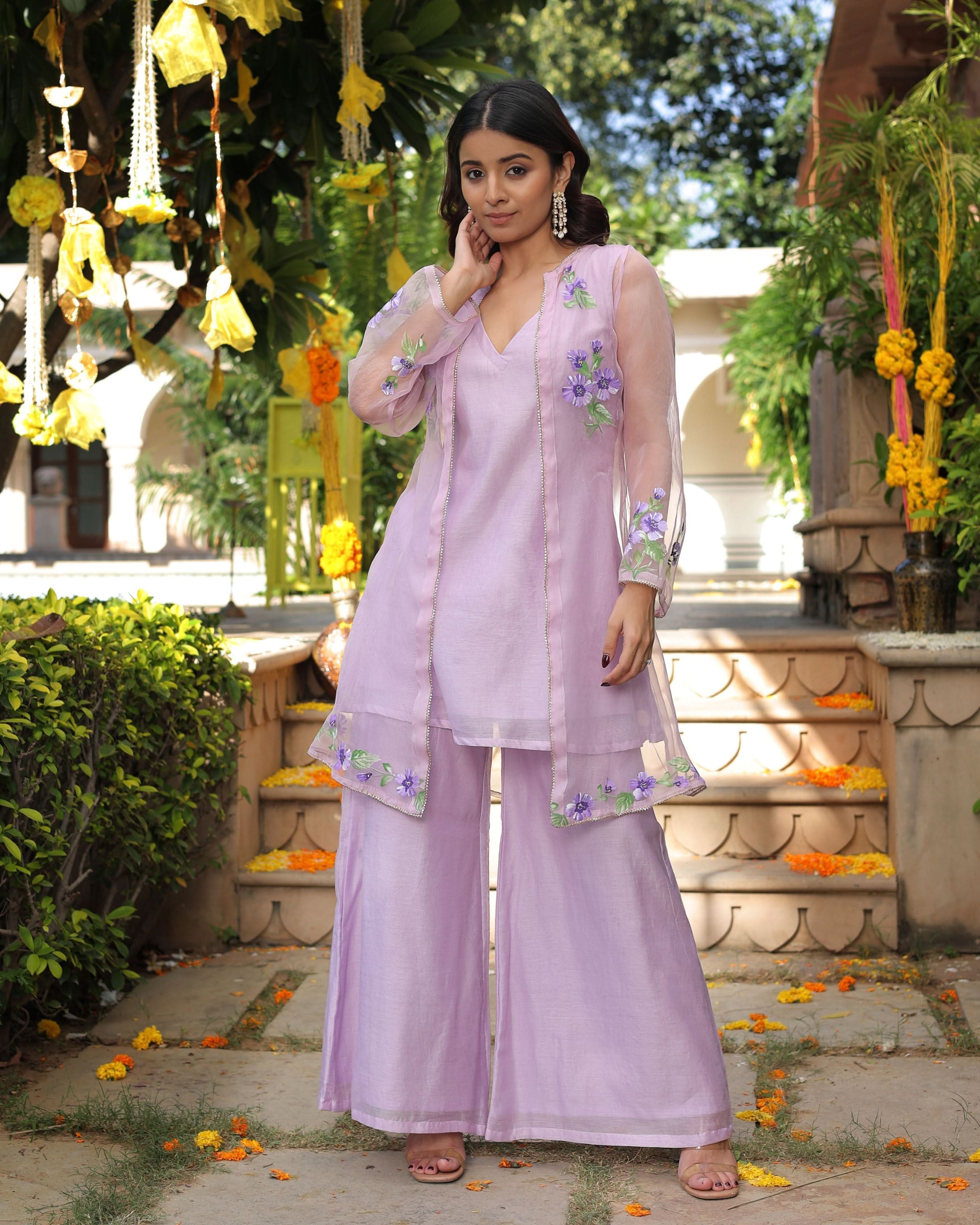 Lilac Daisy Delight Handpainted Chanderi Coord Set - Image 6