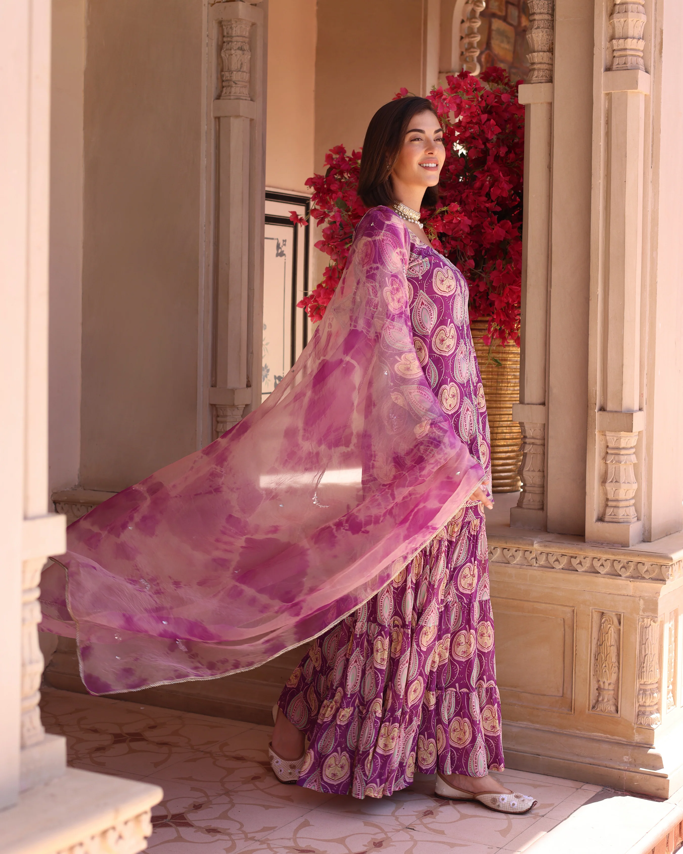 Lilac Floral Fantasy Printed Chinon Sharara Set - Image 2