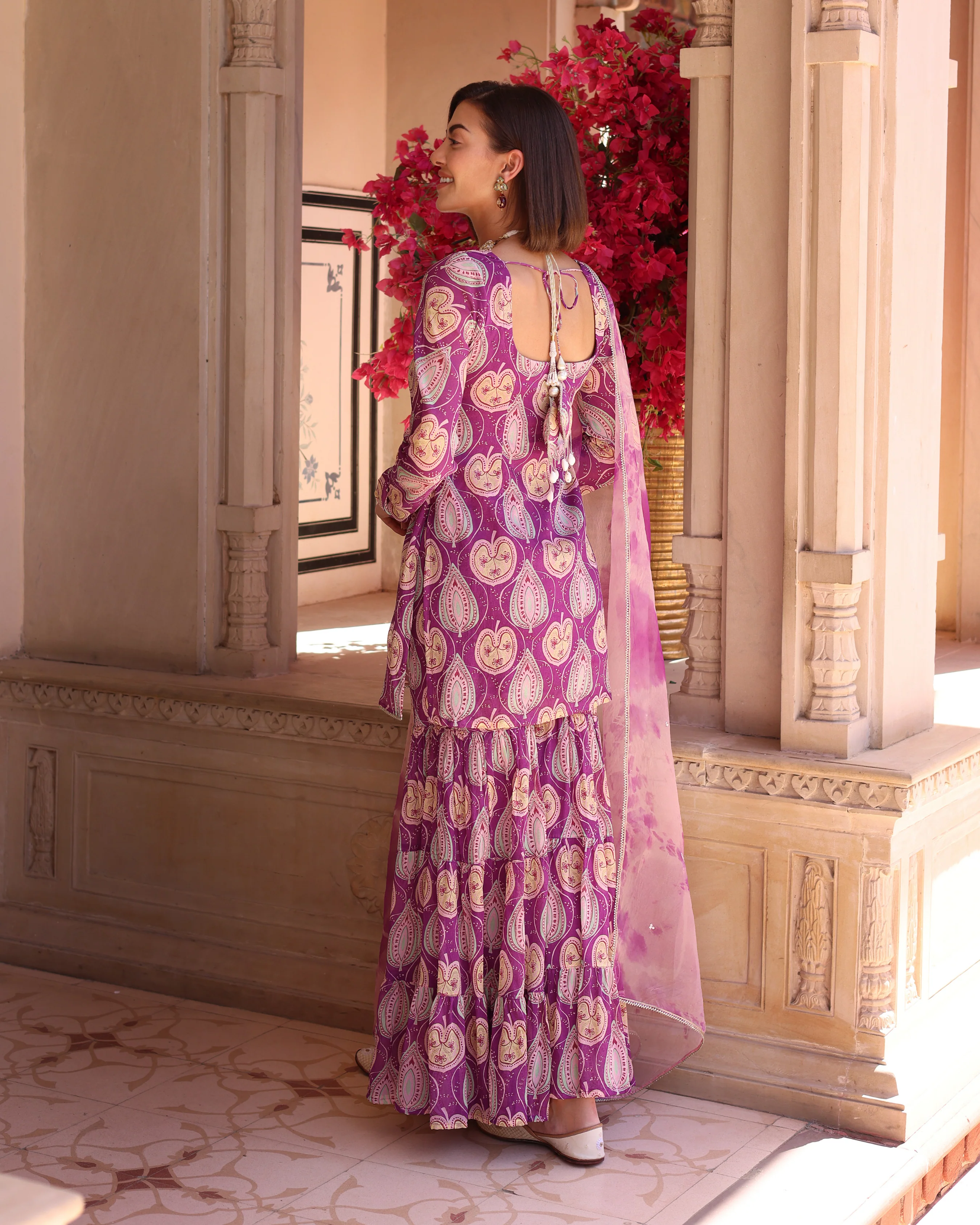Lilac Floral Fantasy Printed Chinon Sharara Set - Image 6