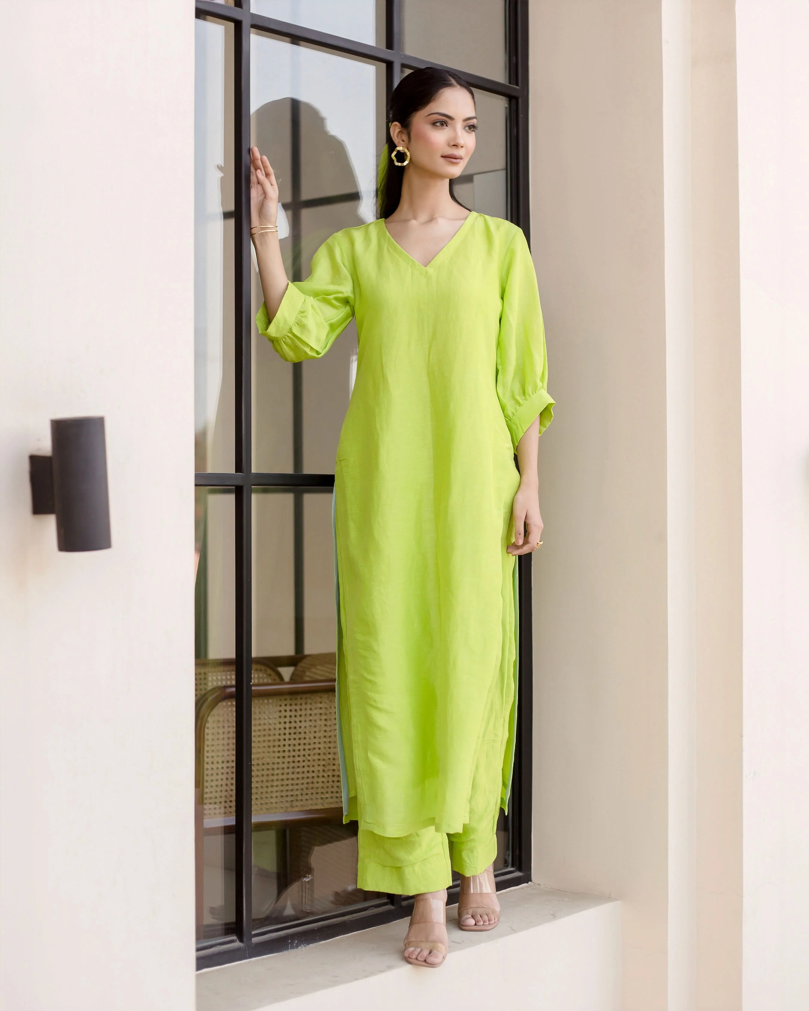 Lush Green Solid Linen Georgette Coord Set - Image 2