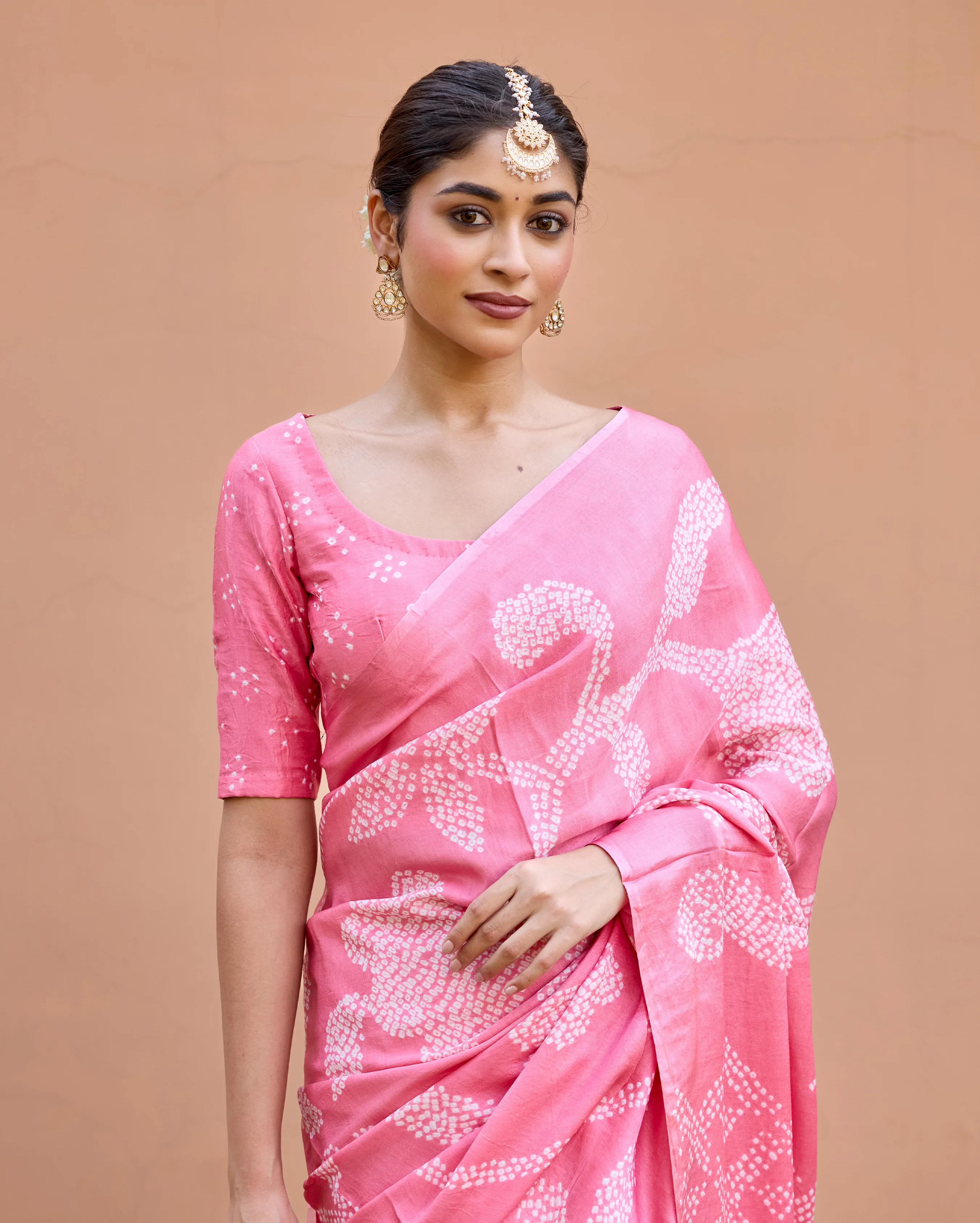Madhurya Pink Gajji Silk Bandhej Saree - Image 5