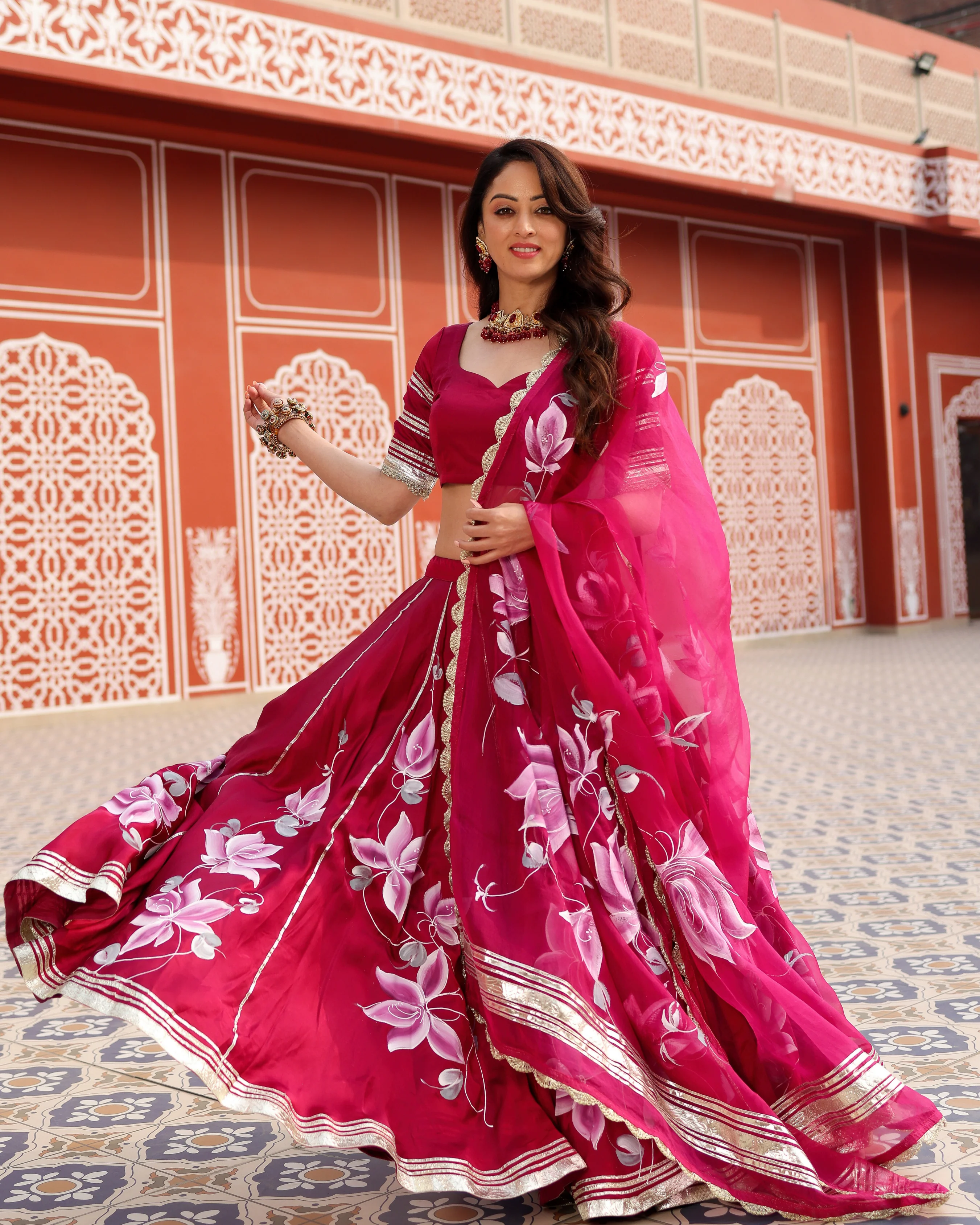 Magenta Pink Handpainted Lehenga Set - Image 3