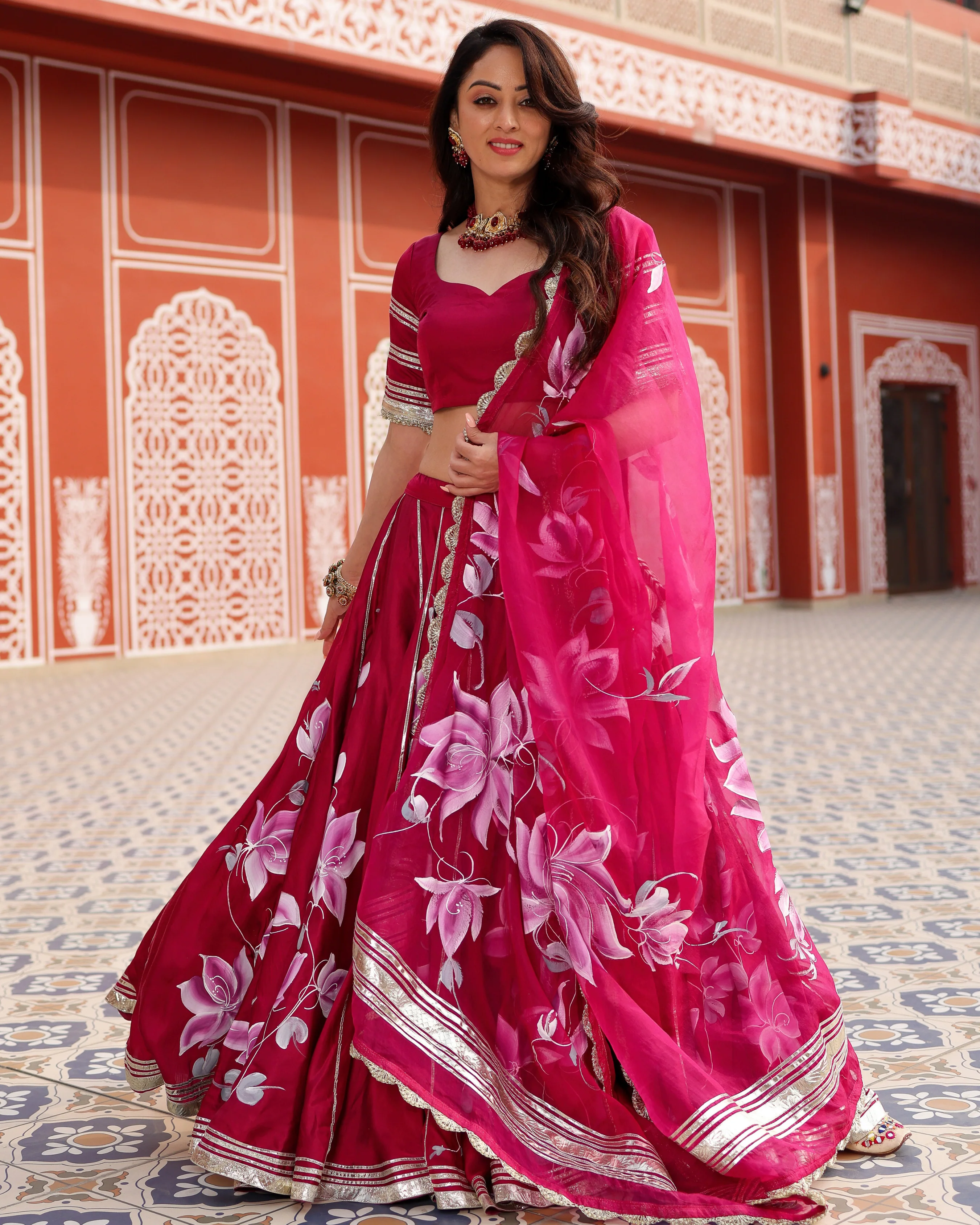 Magenta Pink Handpainted Lehenga Set - Image 7