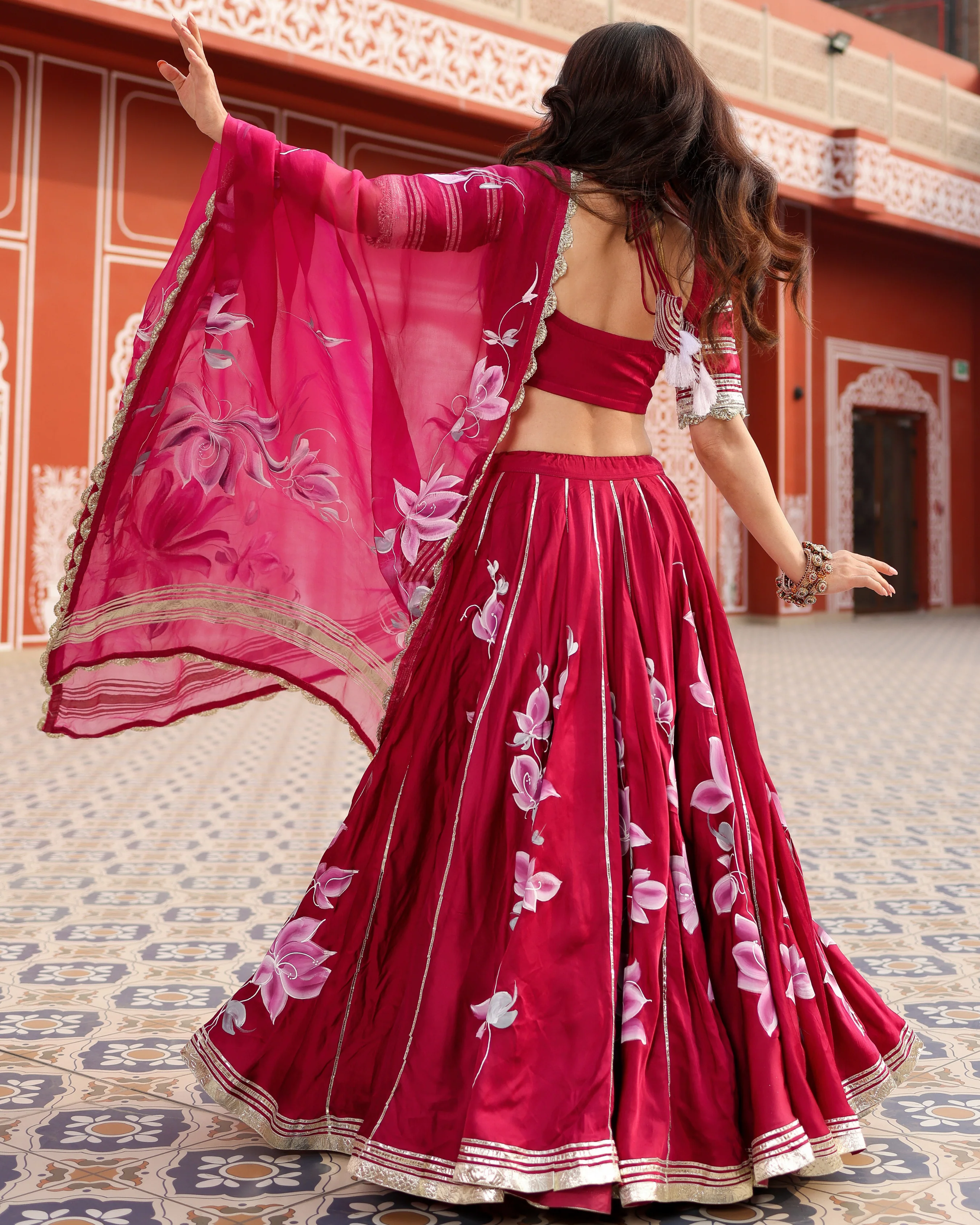 Magenta Pink Handpainted Lehenga Set - Image 9