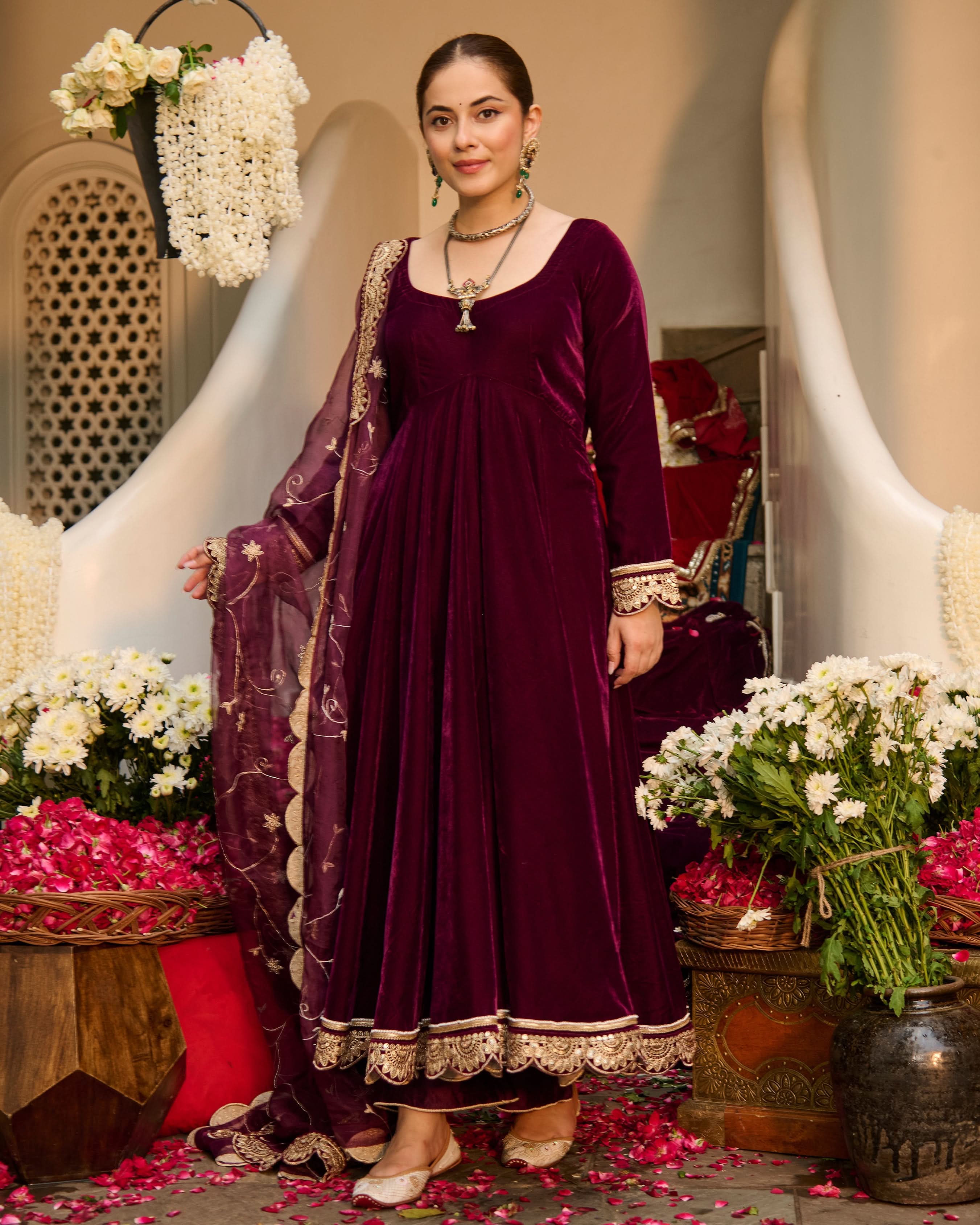 Mahika Purple Solid Velvet Suit Set - Image 5