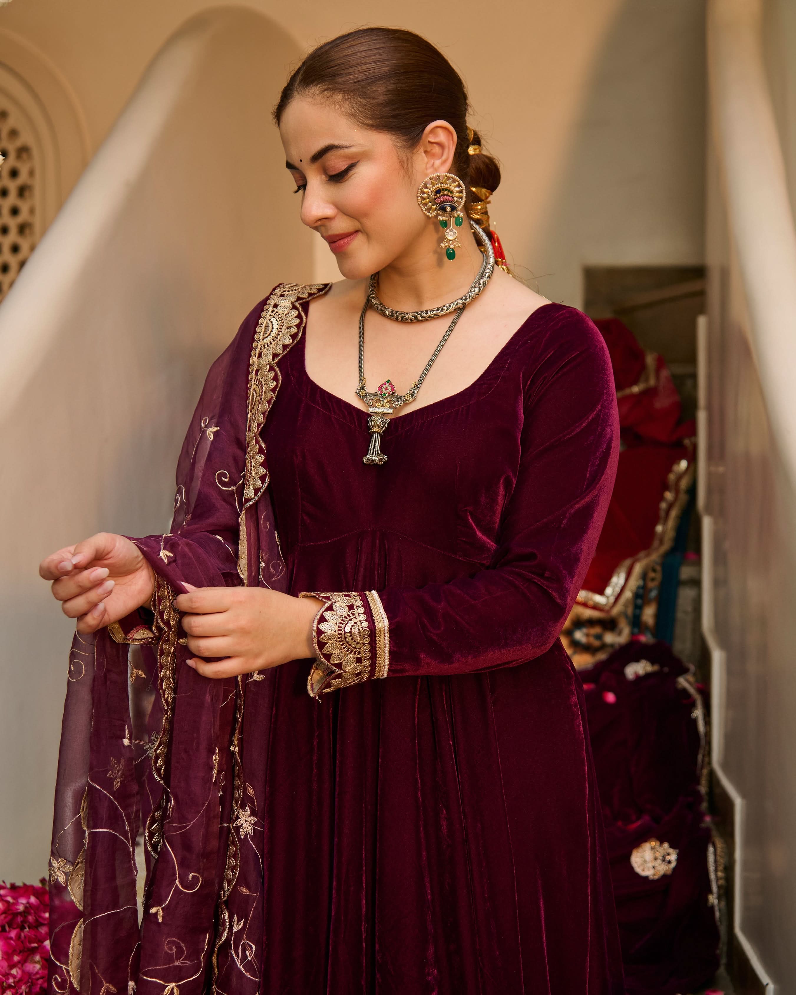 Mahika Purple Solid Velvet Suit Set - Image 7