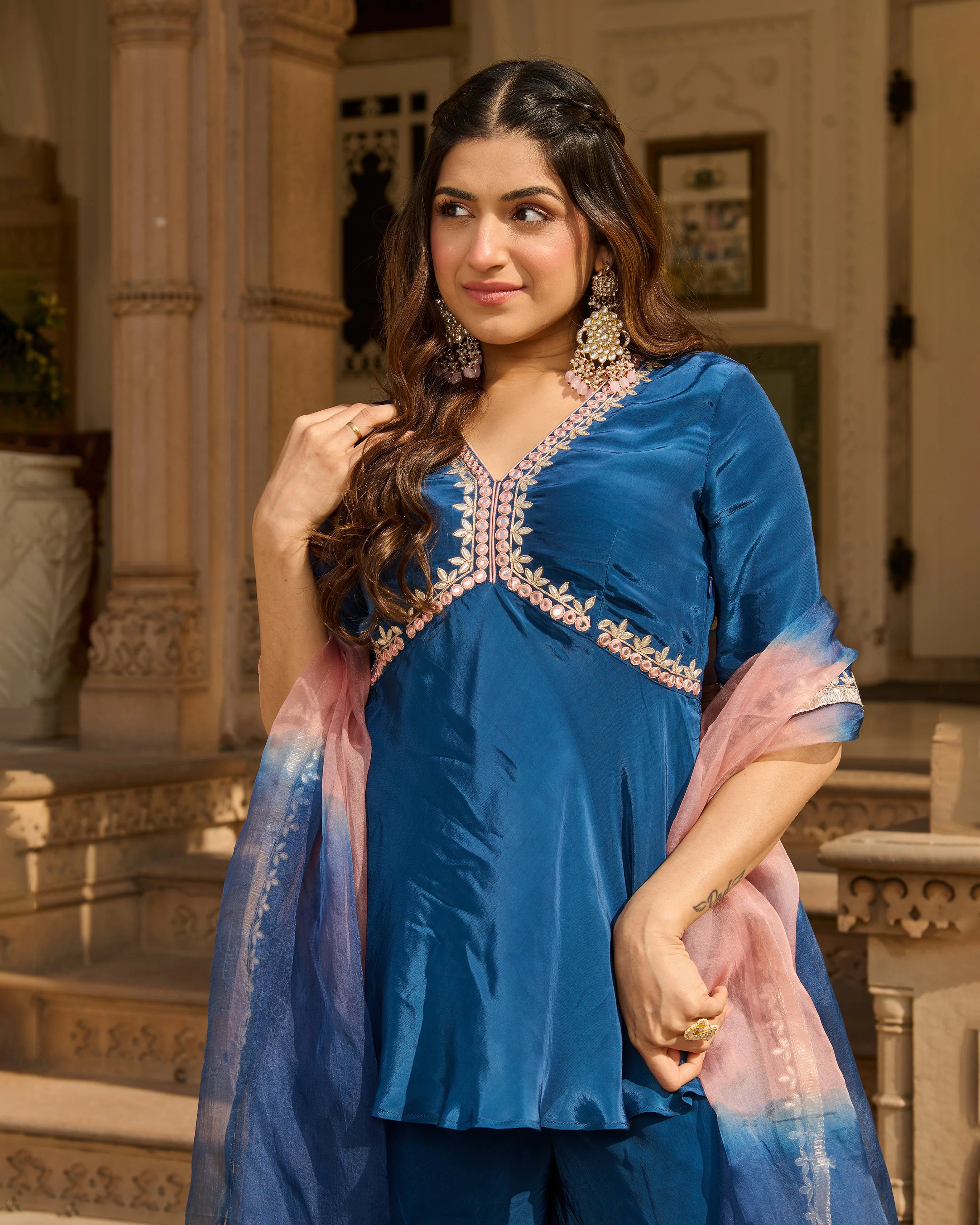 Maison Blue Solid Crepe Suit Set - Image 3