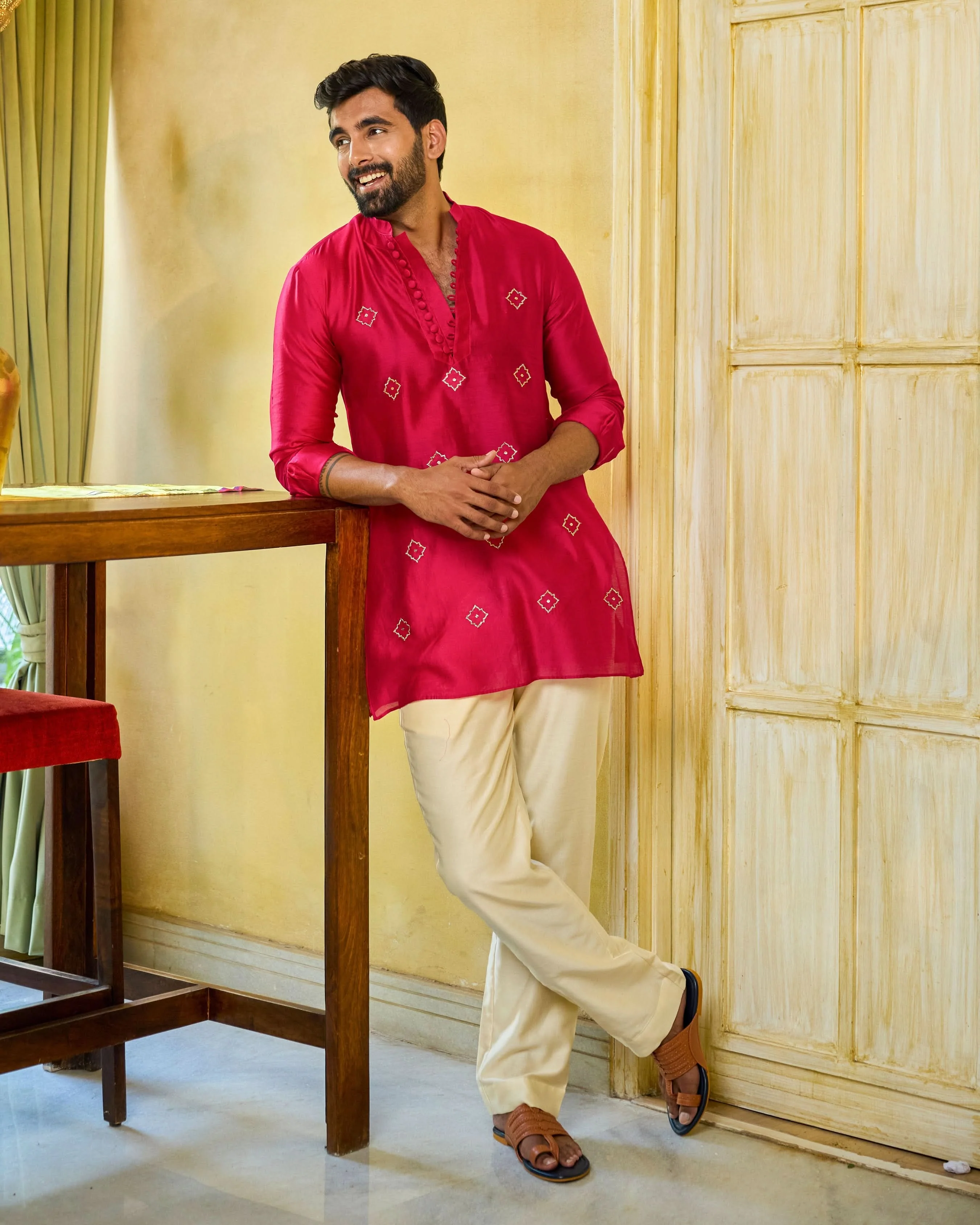 Manik Pink Embroidered Chanderi Kurta - Image 3