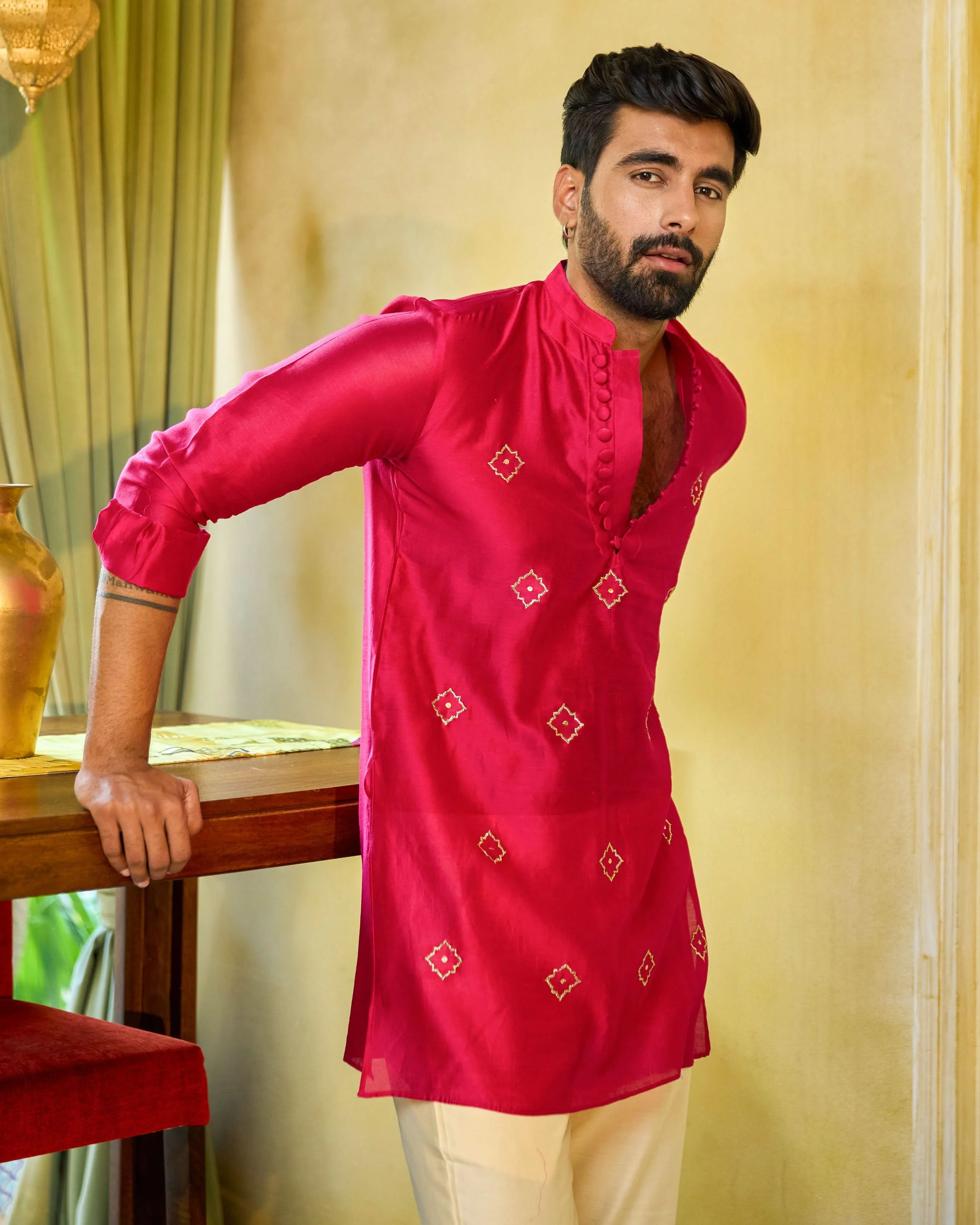 Manik Pink Embroidered Chanderi Kurta - Image 4