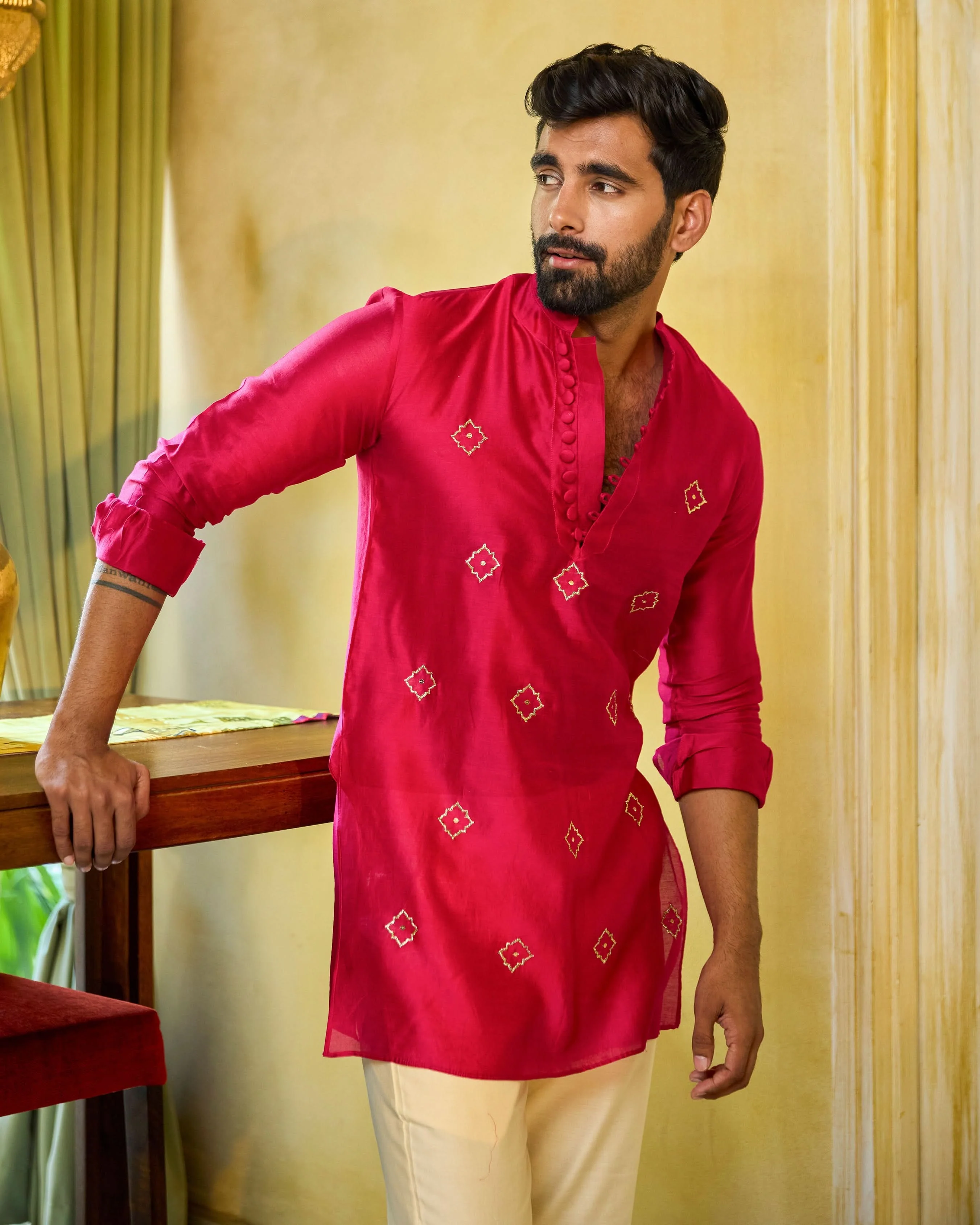 Manik Pink Embroidered Chanderi Kurta - Image 5
