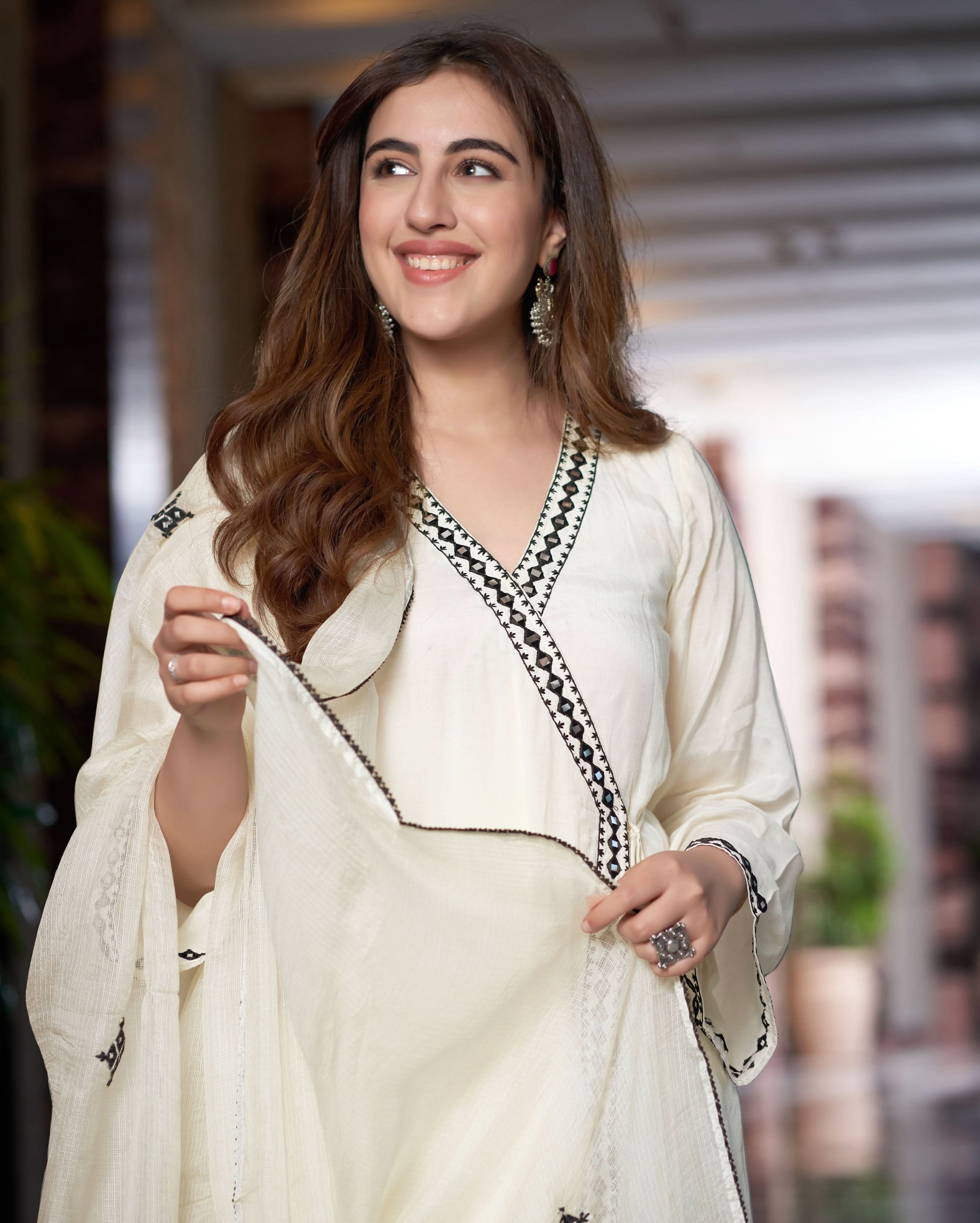 Manjari Off White Embroidered Muslin Silk Suit Set - Image 3