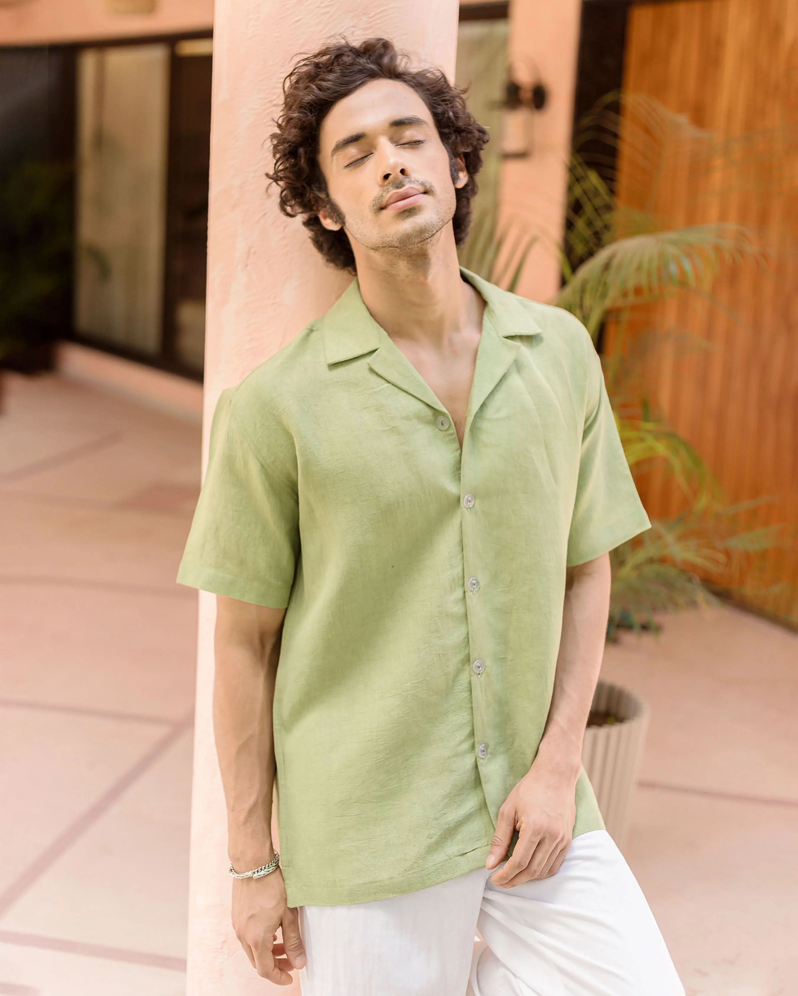 Marlo Pistachio Green Linen Solid Shirt - Image 3