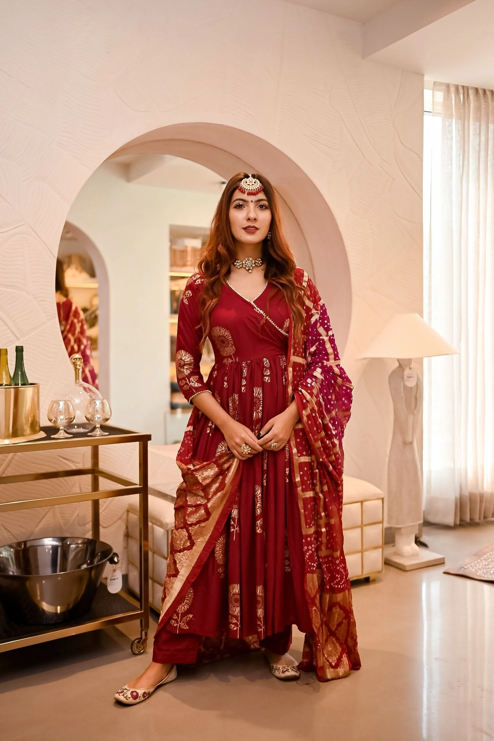 Maroon Angrakha Bandhej Suit Set - Image 4