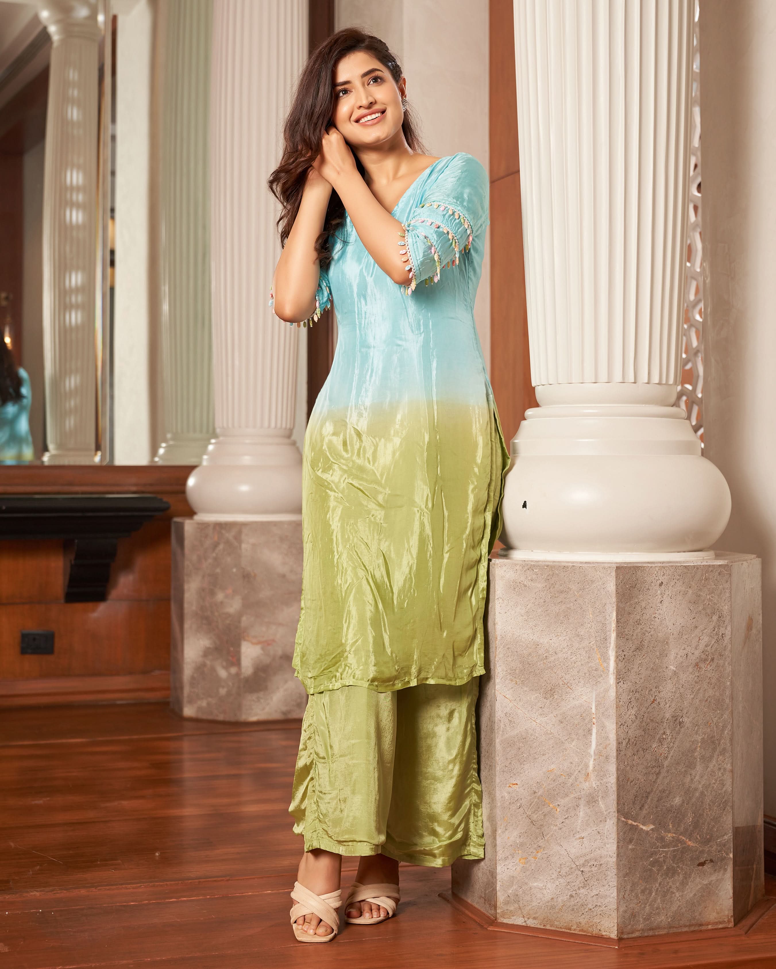 Matsya Blue Green Ombre Silk Kurta Set - Image 3
