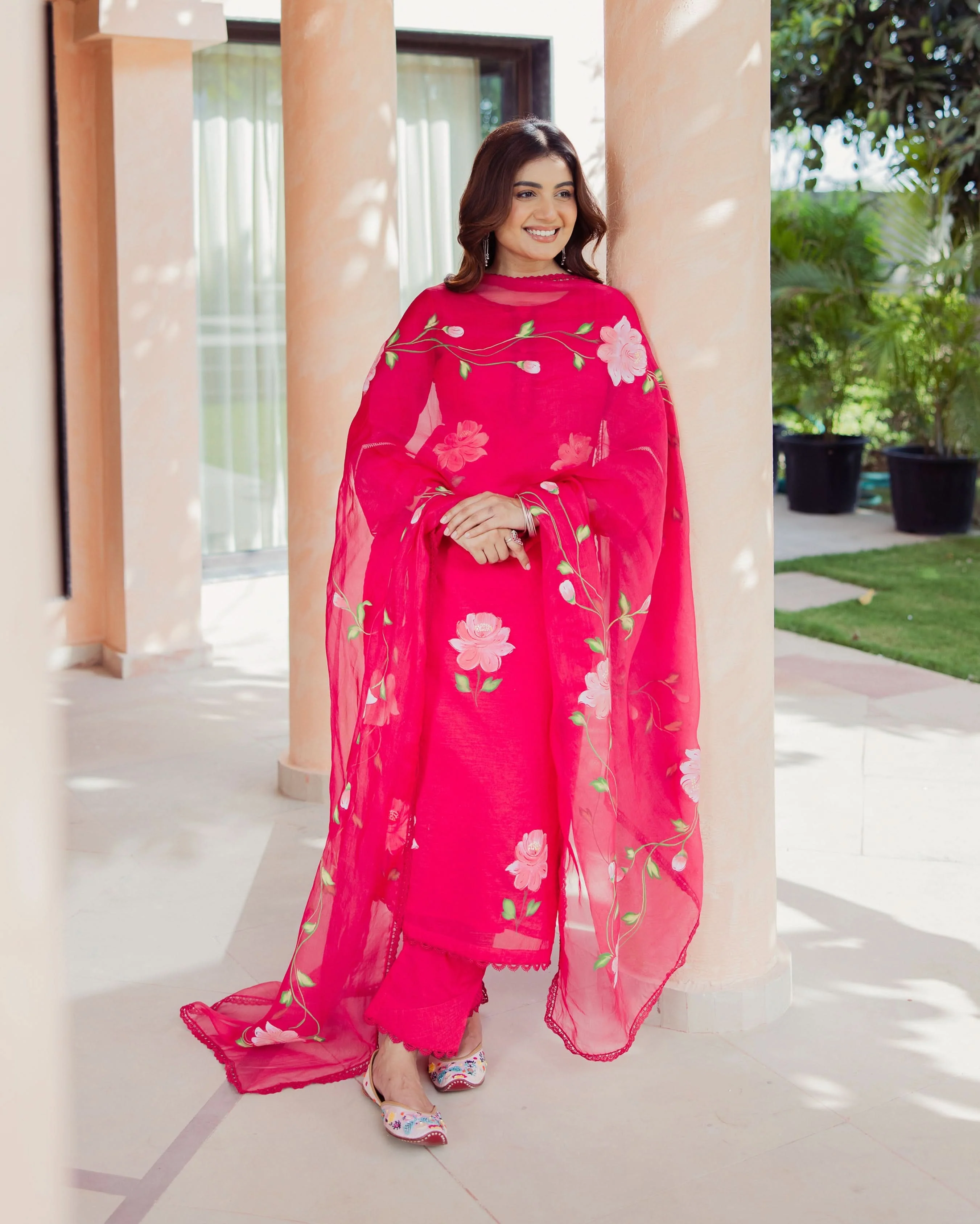 Meadow Magenta Handpainted Chanderi Suit Set - Image 3